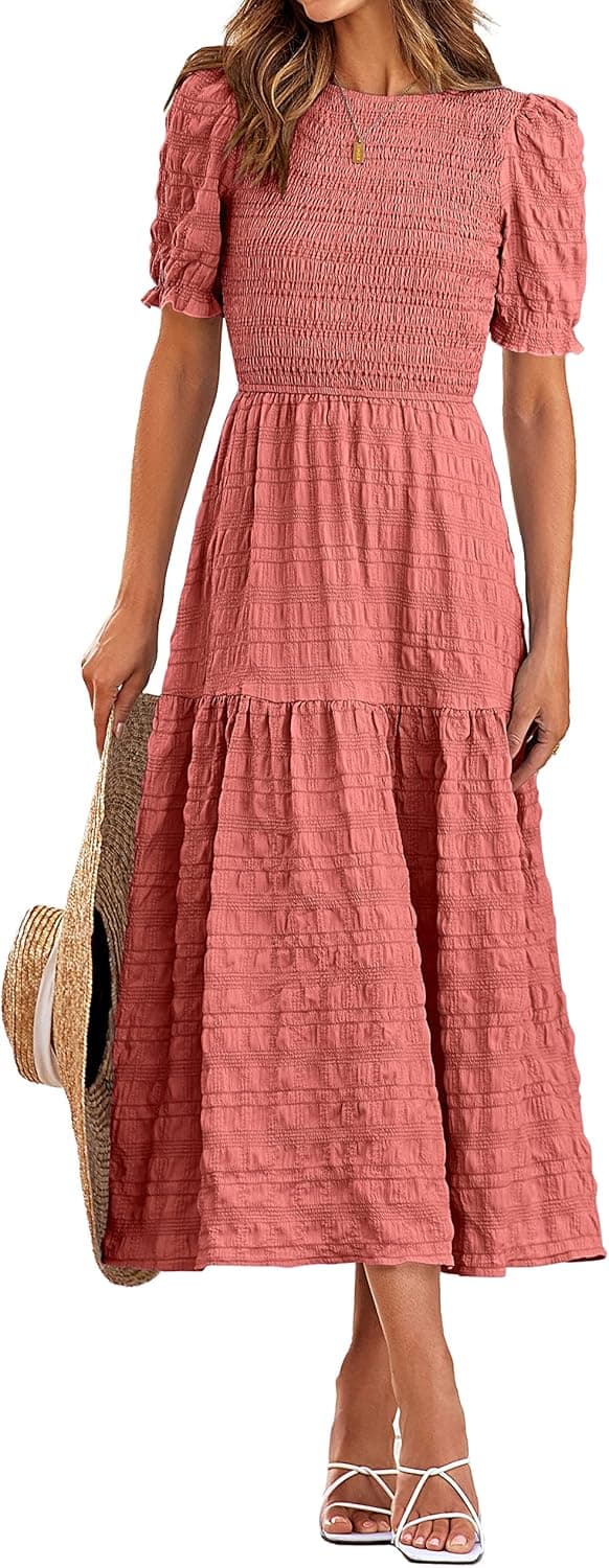 dowerme Women Summer Dresses 2023 Casual Puff Short Sleeve Crewneck Smocked Flowy Ruffle Boho Beach Party Maxi Dress