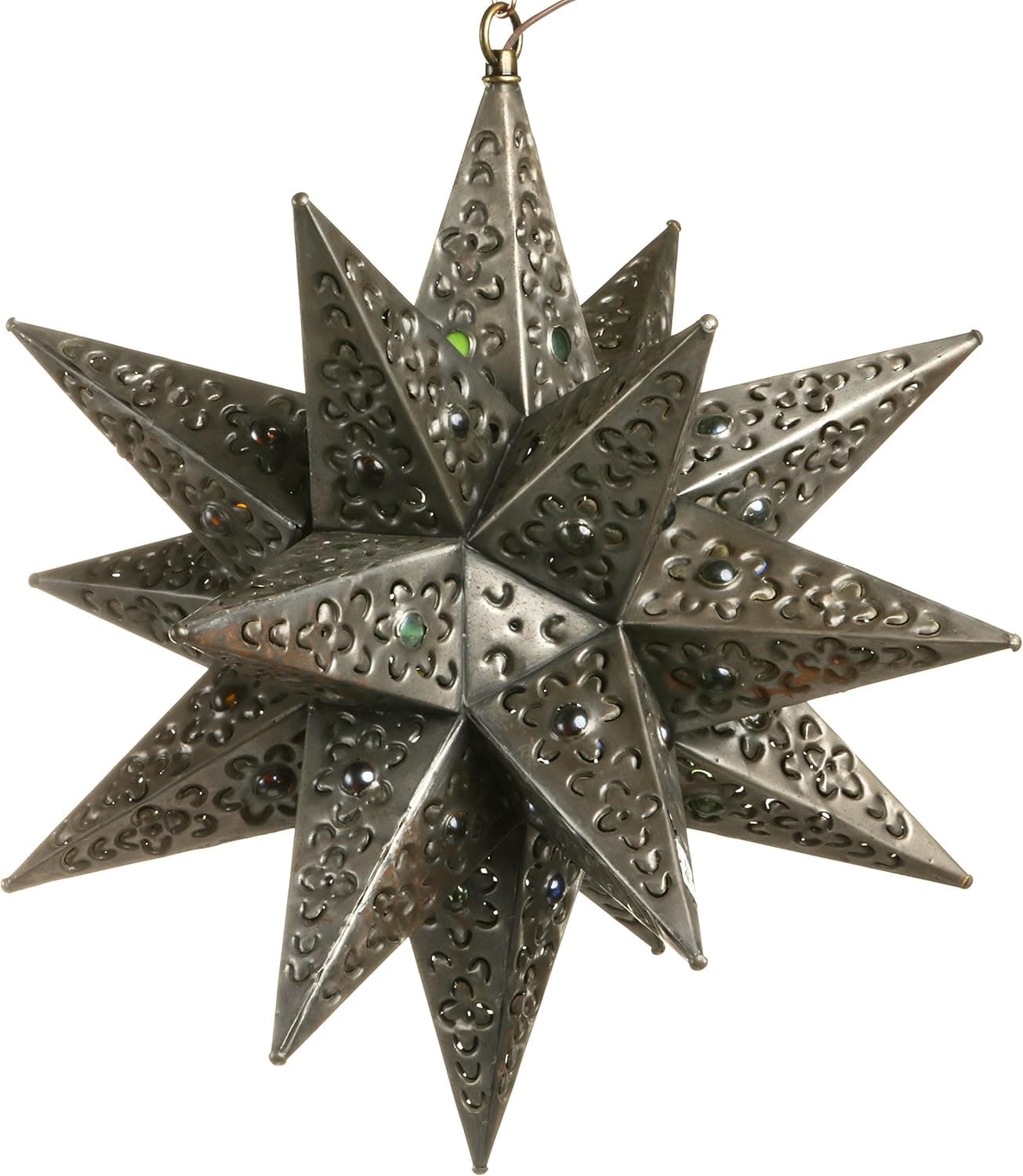 16 Inch Moravian Hanging Tin Star Light - Flower Cut with Marbles