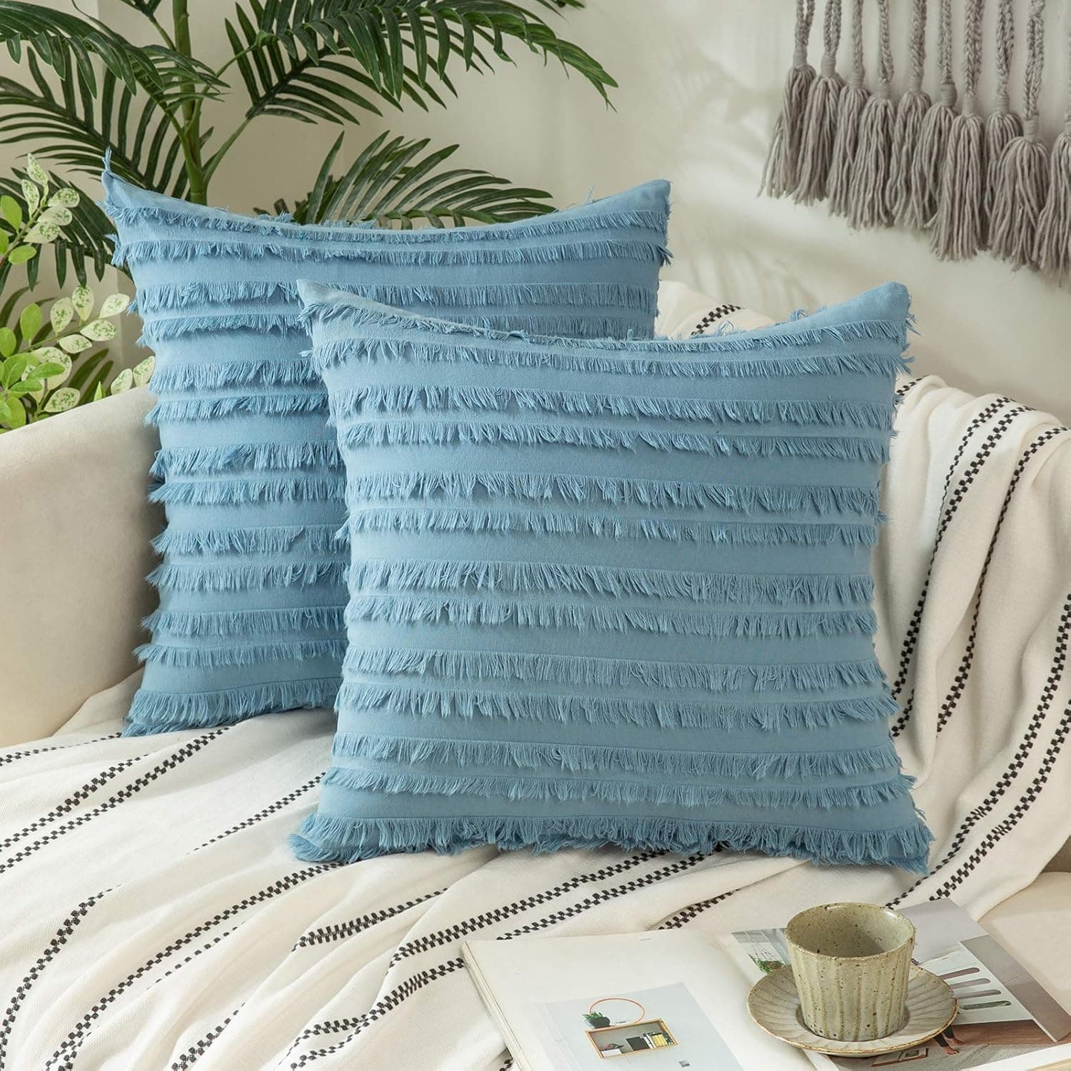 Woaboy Pack of 2 Decorative Throw Pillow Covers Stripe Boho Cushion Covers Square Farmhouse Style Pillowcases for Couch Bed Sofa Living Room 18x18inch 45x45cm Grey Blue