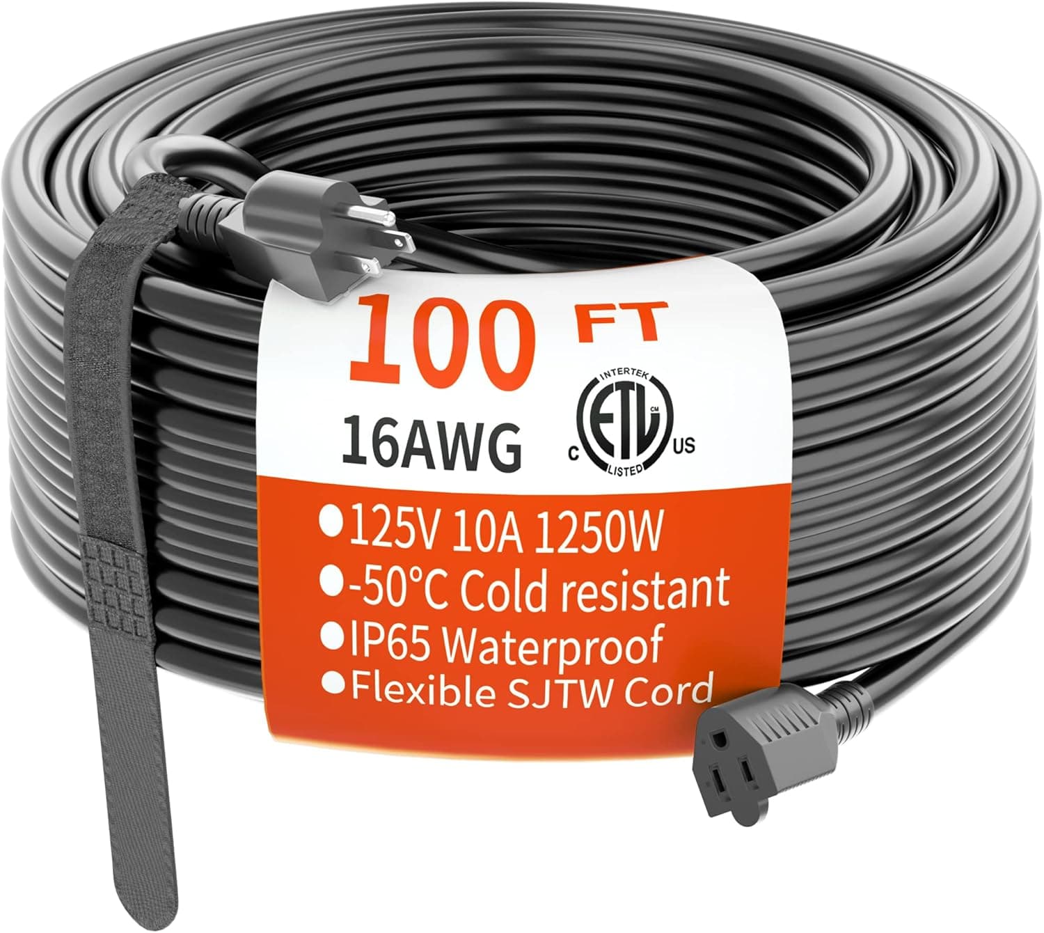 100 FT 16 Gauge Black Indoor Outdoor Extension Cord Waterproof, Flexible Cold Weather 3 Prong Electric Cord Outside, 10A 1250W 125V 16AWG SJTW, ETL Listed HUANCHAIN