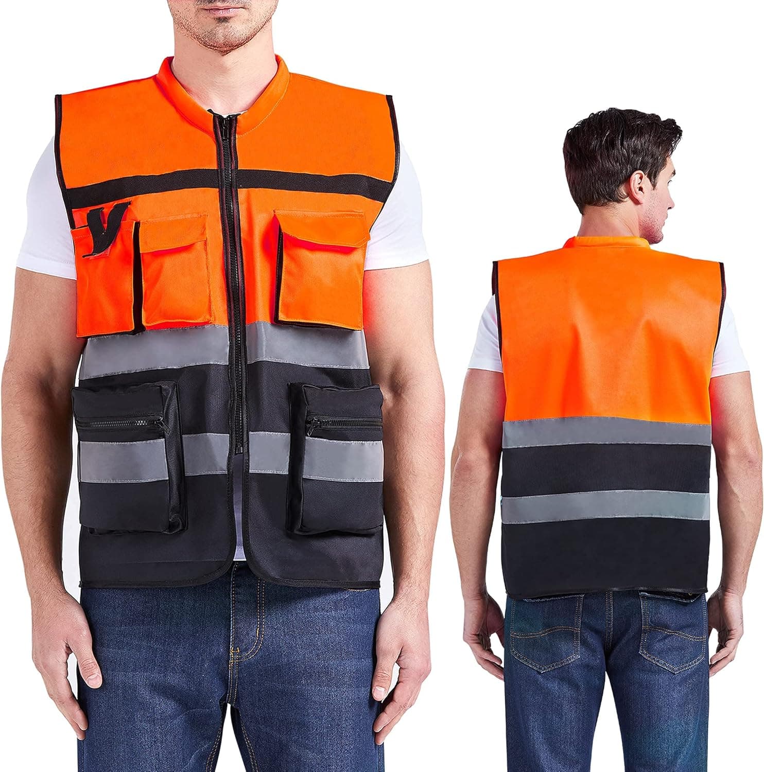SULWZM High Visibility Reflective Vest with Sweat Absorbed Collar, Fashionable Safety Vests with Fully Closure Zipper (Orange & Black),X-Large