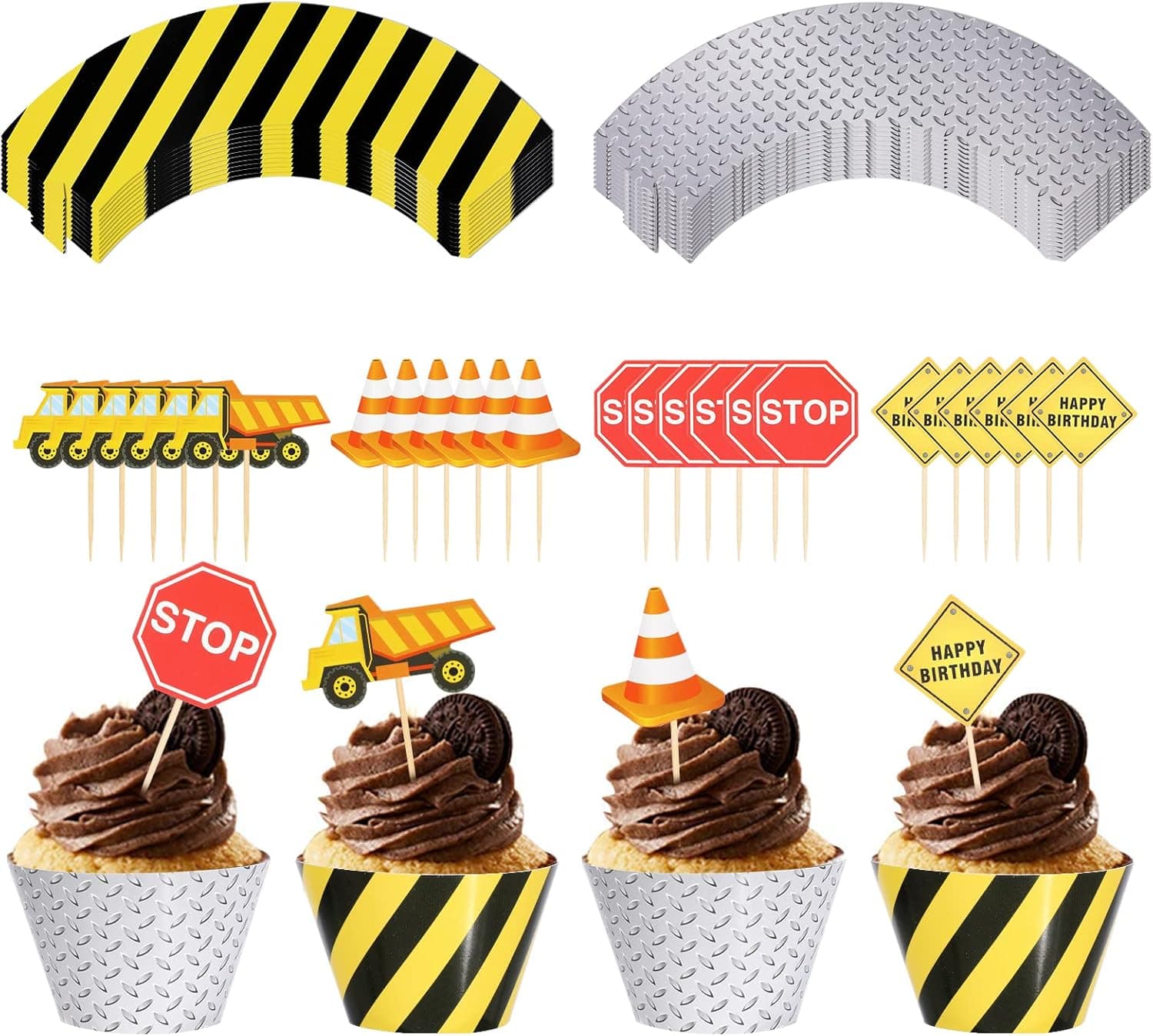 PHOGARY 24pack Construction Cupcake Toppers and Wrappers, 24-Piece Construction Zone Cupcake Baking Supplies, Kids Birthday Party Favors for Cake and Muffin Decorations