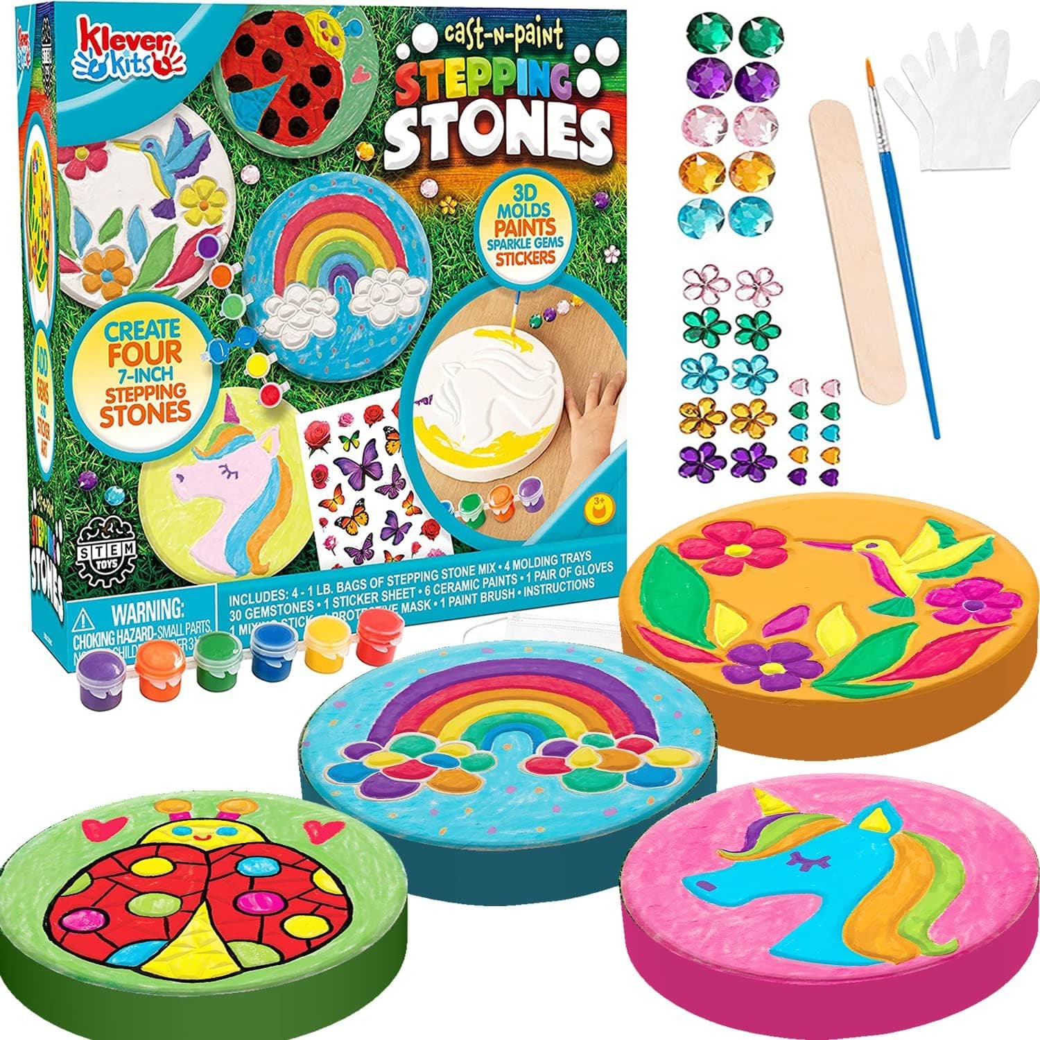 Mold Your own Stepping Stones Set, 4 Stepping Stones for Kids Craft Kit, Includes 3-D Molding Tray, Paints, Sparkling Gems, Gloves, Protective Mask, Kids Craft Activities Holiday Toy, Christmas Gifts