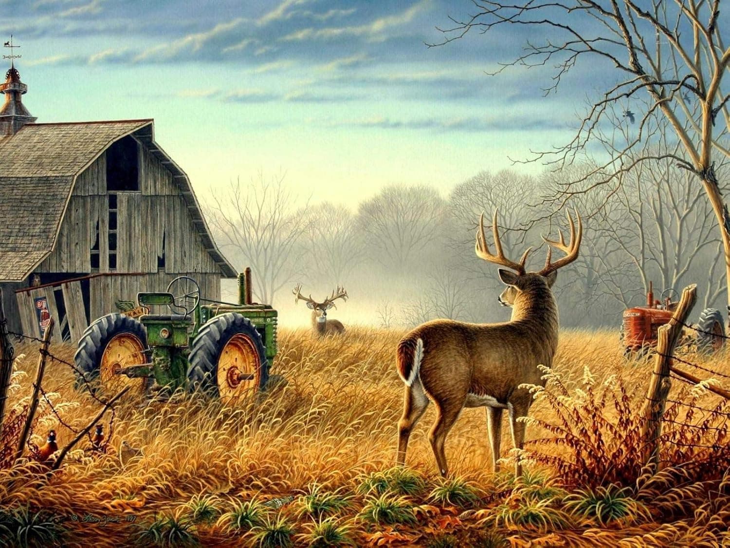 RENWUANG Adult 1000 Piece Jigsaw Puzzle -Wooden Puzzle- Farm Deer Tractor Pattern - Can be Used as a Modern Home Decoration
