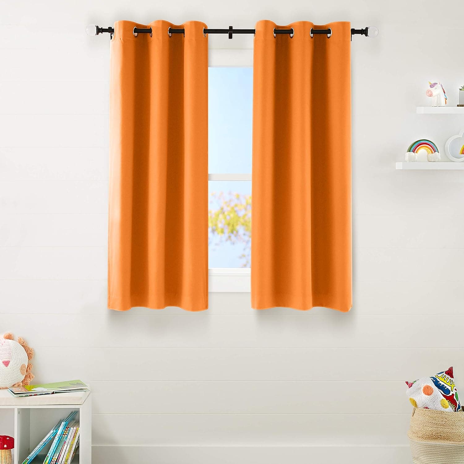 Amazon Basics Kids Room Darkening Blackout Window Curtain Set with Grommets - 42" x 63", Bright Orange