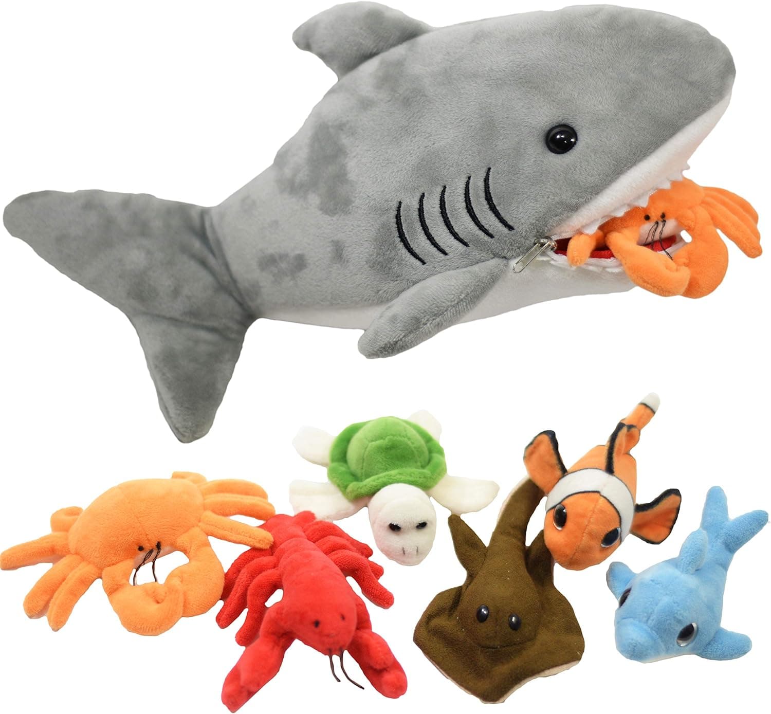 Plush Shark 15 Inch with 6 Soft Baby Sea Creatures for Hungry Great White Shark Plushie Stuffed Animal to Eat Including Crab, Lobster, Stingray, Dolphin, Turtle, & Clown Fish - Eating Shark Plush