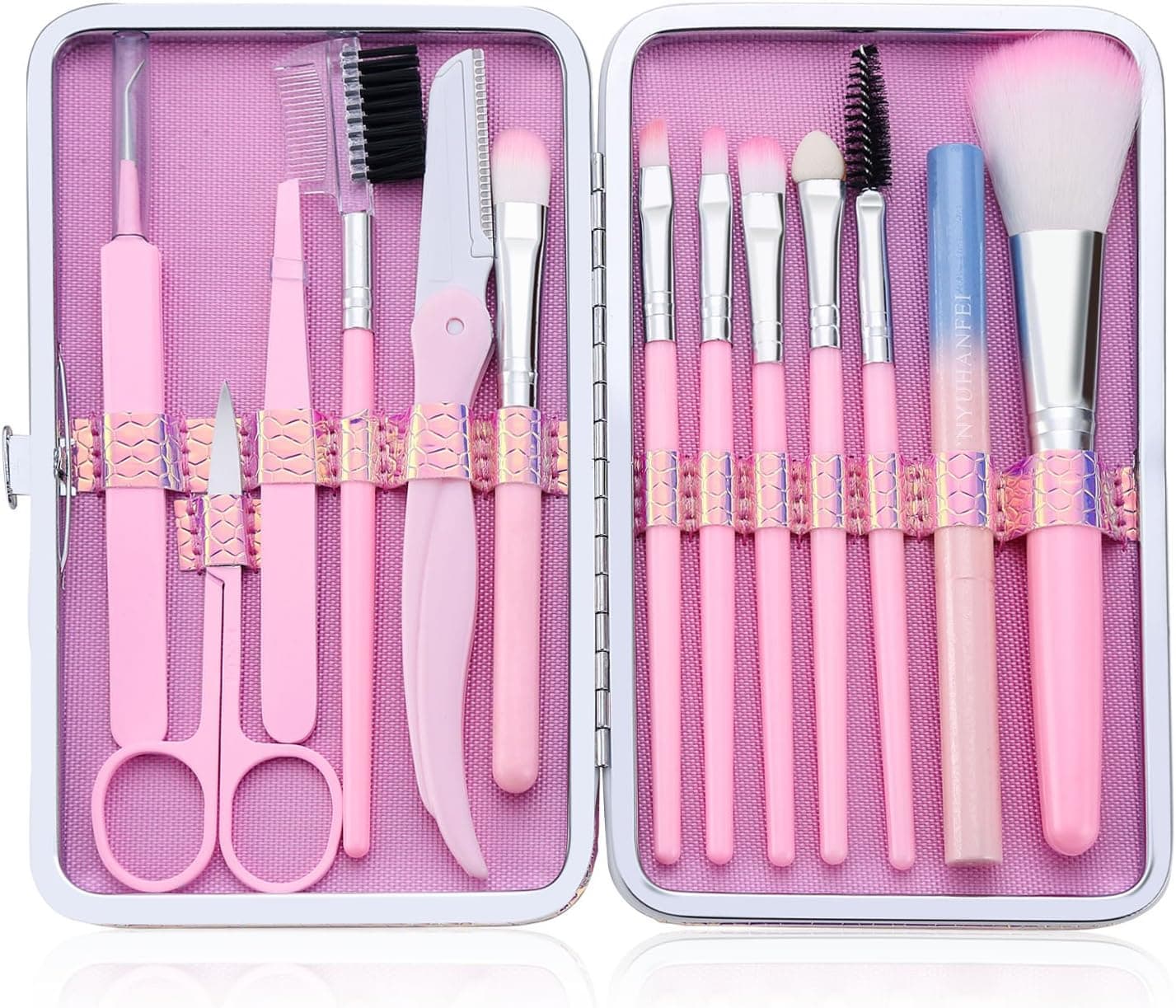 Eyebrow grooming Kit Tweezers Set Eyebrow Razor Shaper Scissors Eyeshadow Eyeliner Blending Brushes With Travel Leather Case (Pink)