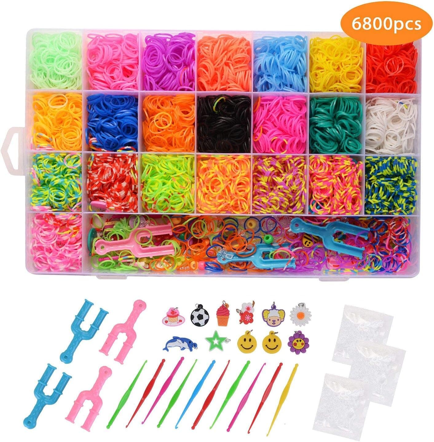 Mixhomic 6800+ Rainbow Rubber Bands Refill Bracelet Making Kit, 22 Colors, 50 Beads, 100 S-Clips, 50 Beads, 4 U-Shaped Slingshots, 10 Small Crochet, 10 Small Pendants and 1 Storage Box
