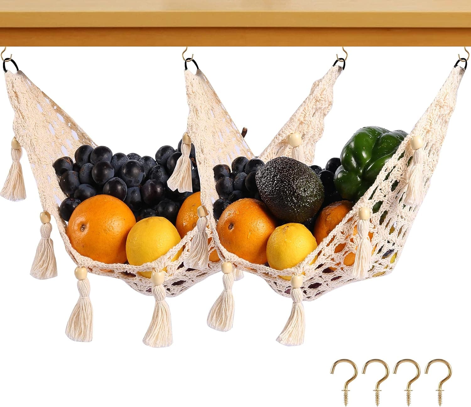 ANPOTop Fruit Hammock Under Cabinet 2 Pcs with 12 Tassels, Macrame Handwoven Cotton Banana or Veggies - Hanging Basket for Saves Counter Space at Kitchen RV, White, 2PCS, SKU100209-2PCS