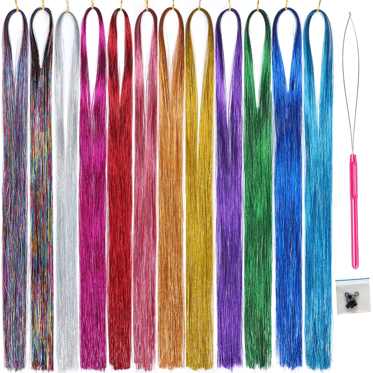 UPTOUP 46 inch Hair Tinsel with Tools 12 Colors 2000 Strands Hair Tinsel Kit Glitter Hair Extensions Sparkling Shiny Hair Extensions Silk Fairy Hair Tinsel Strands Kit Hair (46 inch, 12 colors)