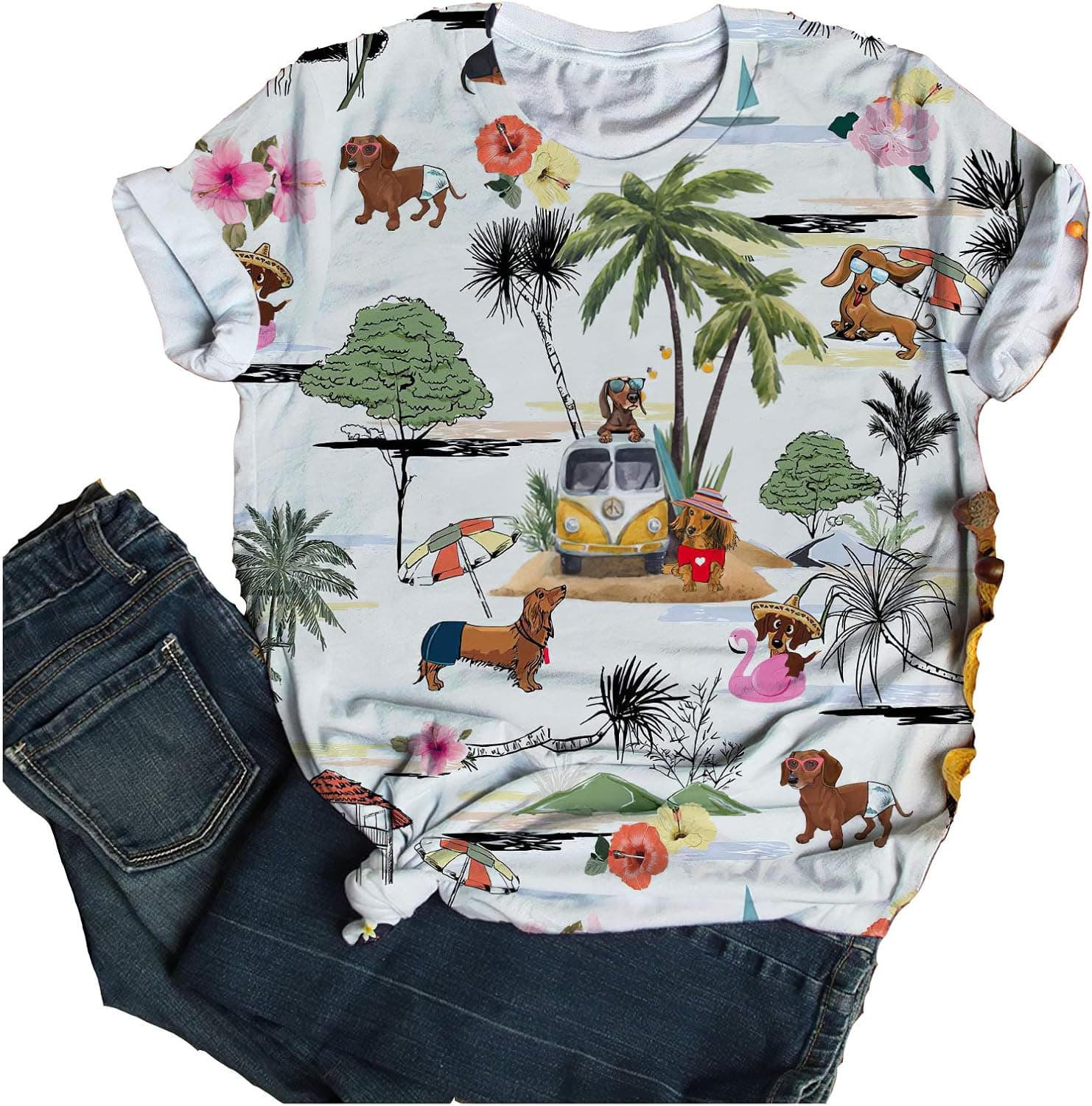 Dachshund T-Shirt Hawaii Beach Retro All Over Print 3D Unisex Graphic Short Sleeve T-Shirts for Women Men Boys Girls Black