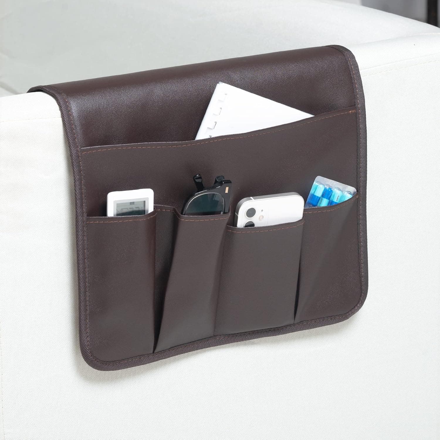 PU Leather Sofa Armrest Organizer, Armchair Magazine Holders, Waterproof Remote Holder for Recliner Couch with 1 Large Pocket, 4 Small Pockets for Magazine, Remote, Phone, Ipad, Books (brown)