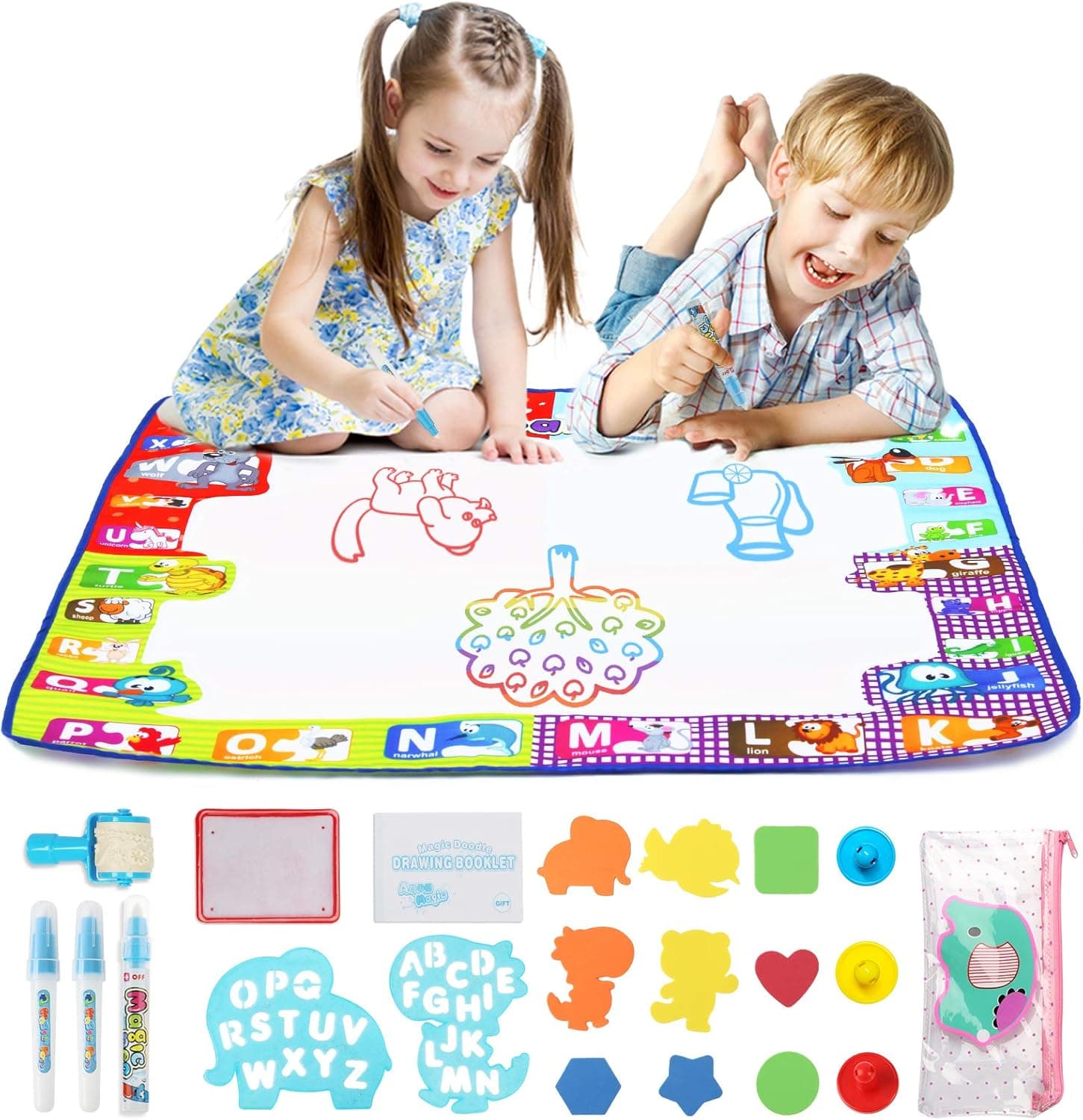 Water Drawing Doodling Mat, TOYCRAZ Aqua Magic Water Doodle Mat Coloring Writing Painting Mat Educational Toys Gifts for Kids Toddlers (31 x 31 Inches)