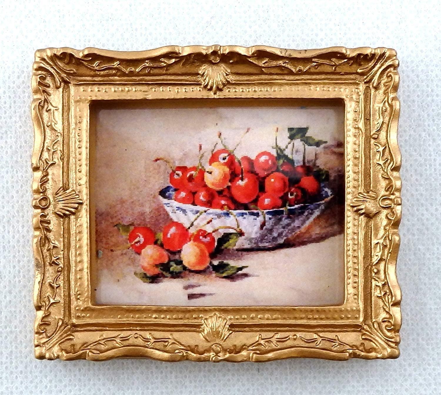 Melody Jane Dolls Houses House Miniature Accessory Bowl of Cherries Picture Painting in Gold Frame