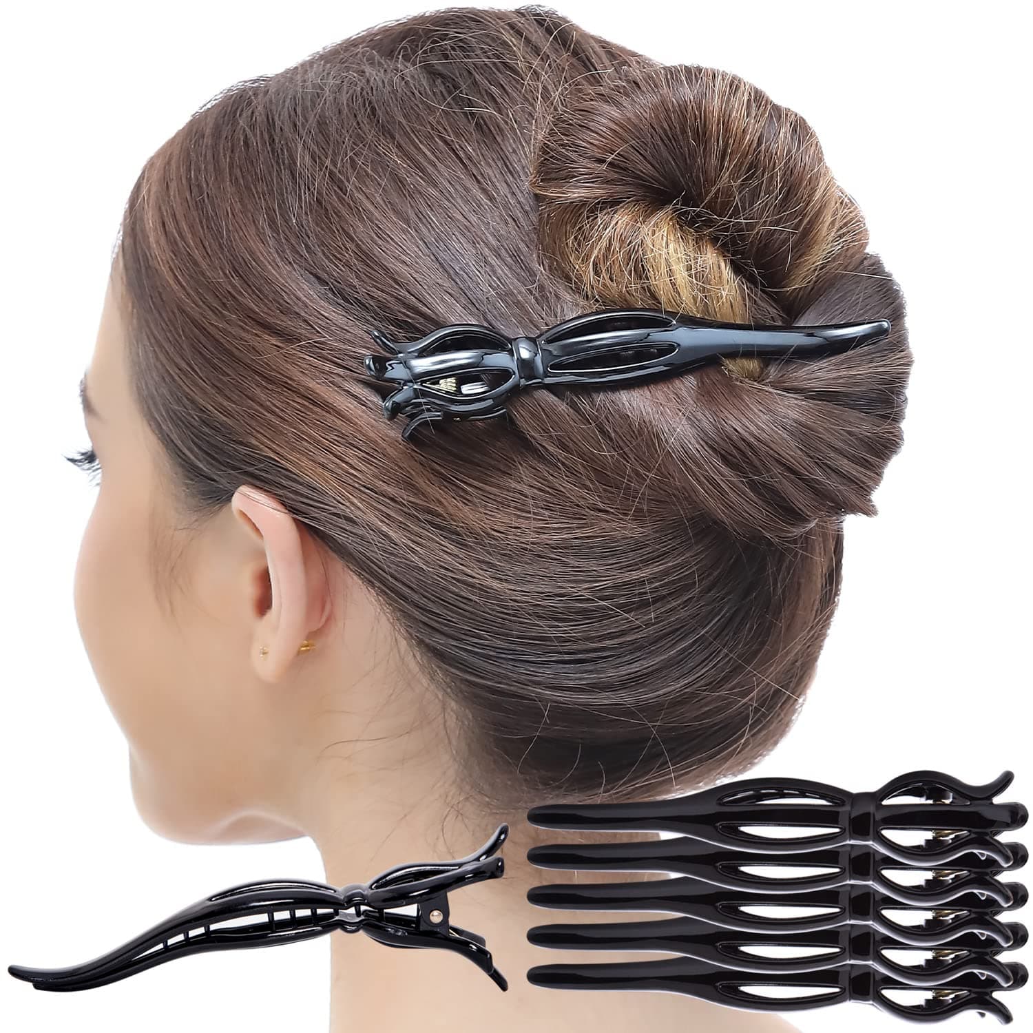 RC ROCHE ORNAMENT 6 Pcs Womens Premium Elegant Curved Side Slide French Concord Beak Durable No Slip Fashion Beauty Accessory Hair Barrette Pin Jaw Teeth Clip, Medium Black