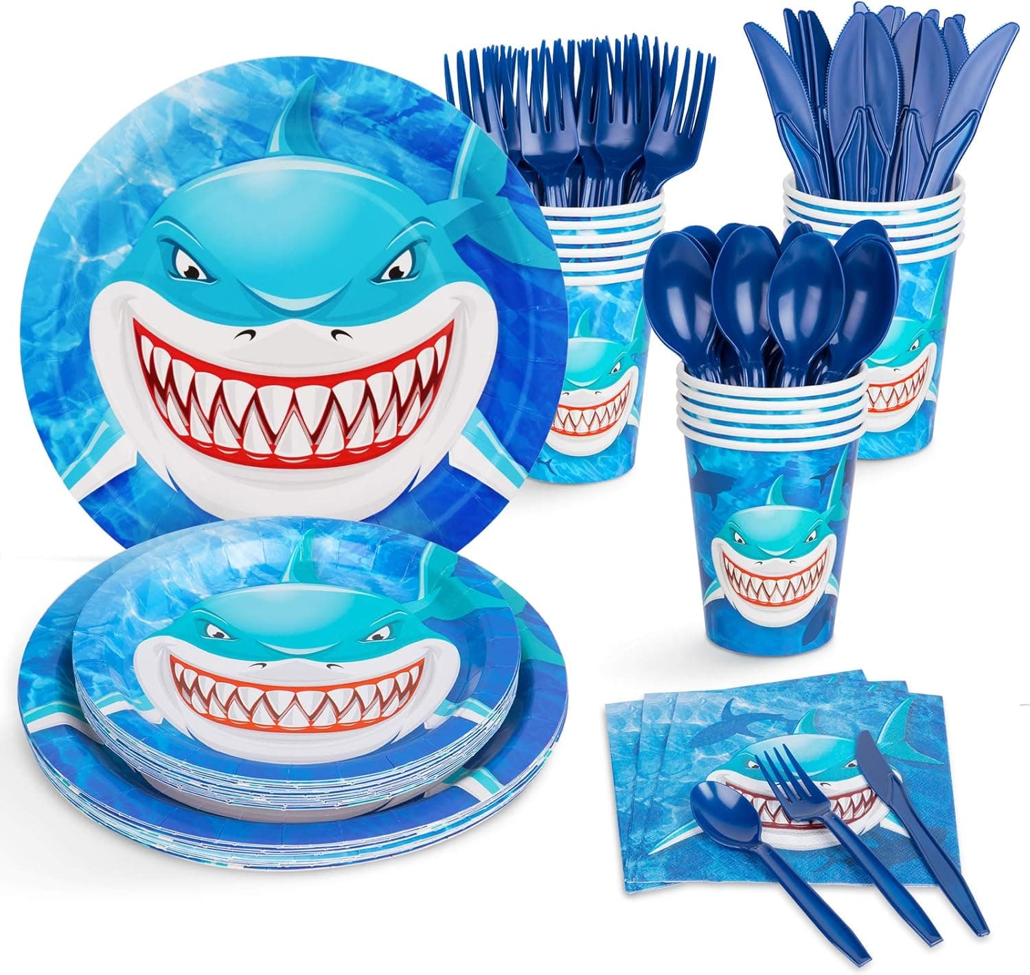 DECORLIFE Shark Party Supplies Serves 16, Shark Birthday Decorations Includes Party Plates and Napkins Sets, Cups and Knives, Forks, Spoons, Total 112pcs