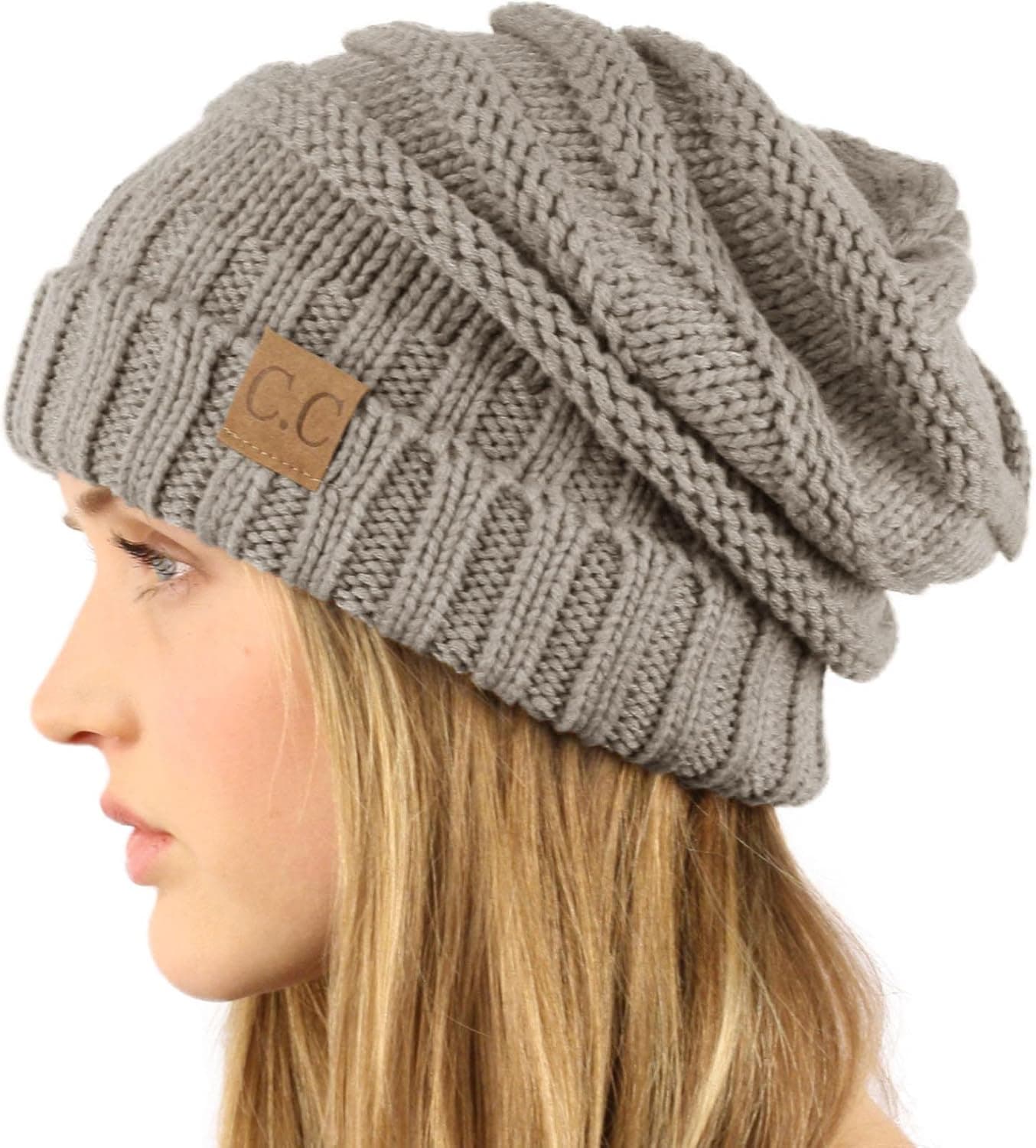 Crochet Flower Gold Knit Beanie Skull Winter Hat Gray