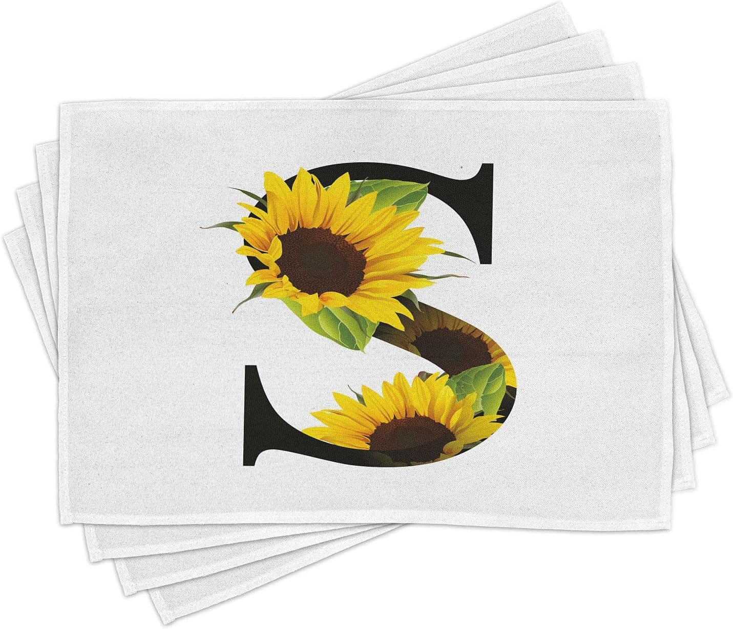 Ambesonne Letter S Place Mats Set of 4, Flora Elements Sunflowers on Dark Colored Abstract Art Print, Washable Fabric Placemats for Dining Table, Standard Size, Green Black