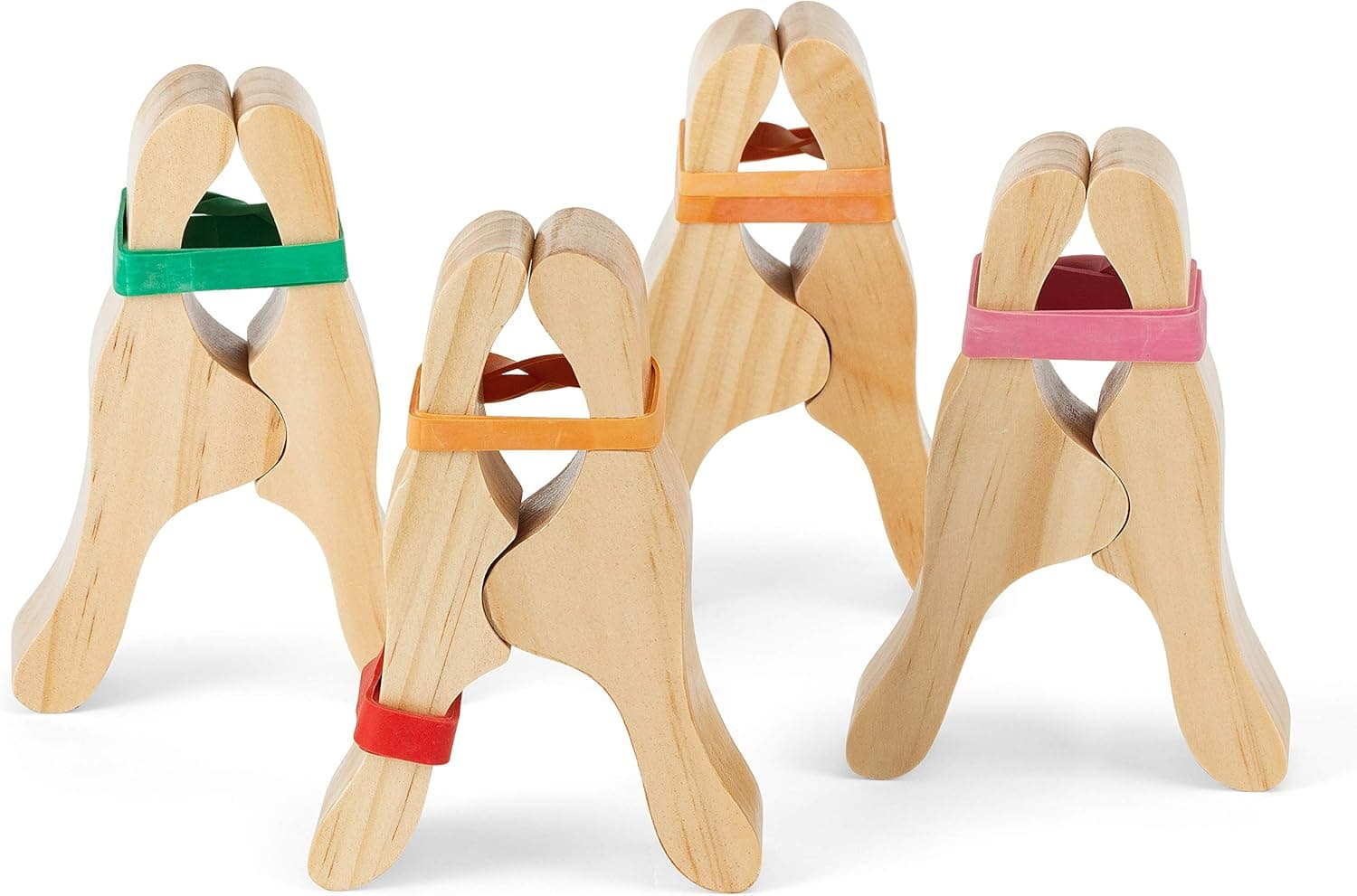 CASSAROKIDS Large Waldorf Wooden Play Clips -Set of 4 Clips with 8 Extra Rubber Bands - 5" Long x 3.5" Wide