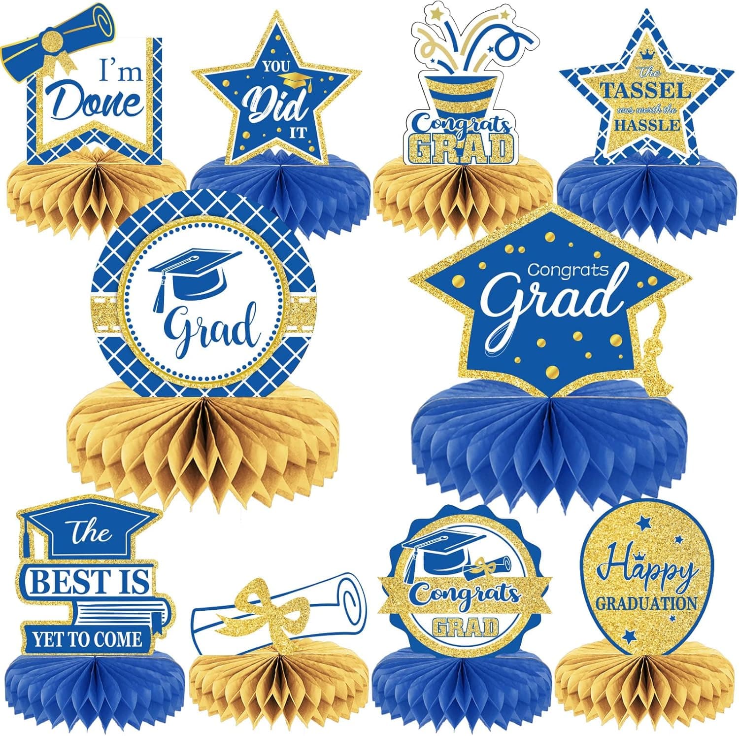 10PCS Class of 2023 Graduation Party Decorations 2023 Congrats Grad Honeycomb Centerpieces Congratulate Graduation Table Toppers for Graduation Party Favor Supplies(Blue Gold)