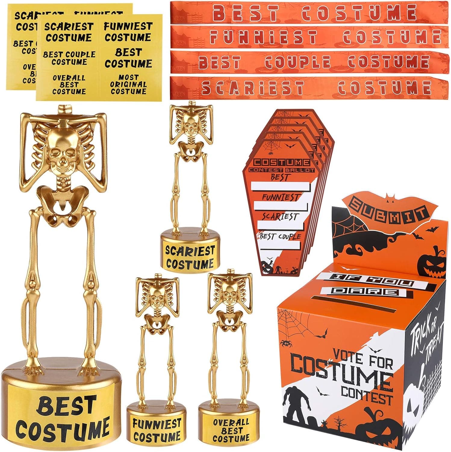 URATOT Halloween Costume Contest Ballot Box and 60 Voting Cards, 4 Pack Costume Skeleton Plastic Gold Trophies, 4 Pieces Costume Contest Sashes for Halloween Party Games Costume Contest Rewards