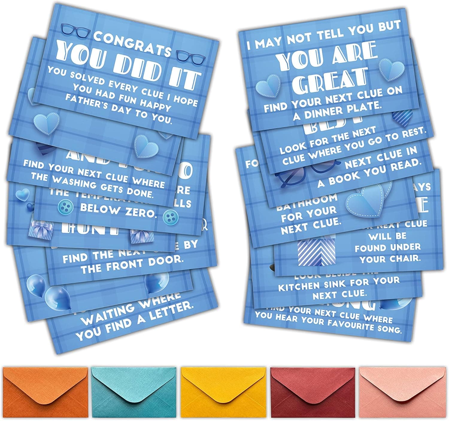 Father's Day Treasure Hunt Clues Game Cards, Scavenger Hunt Card Game(14 Cards with Colourful Envelopes), Ourdoor Indoor Father's Day Party Supplies Activities for Teens Kids Adults(01)