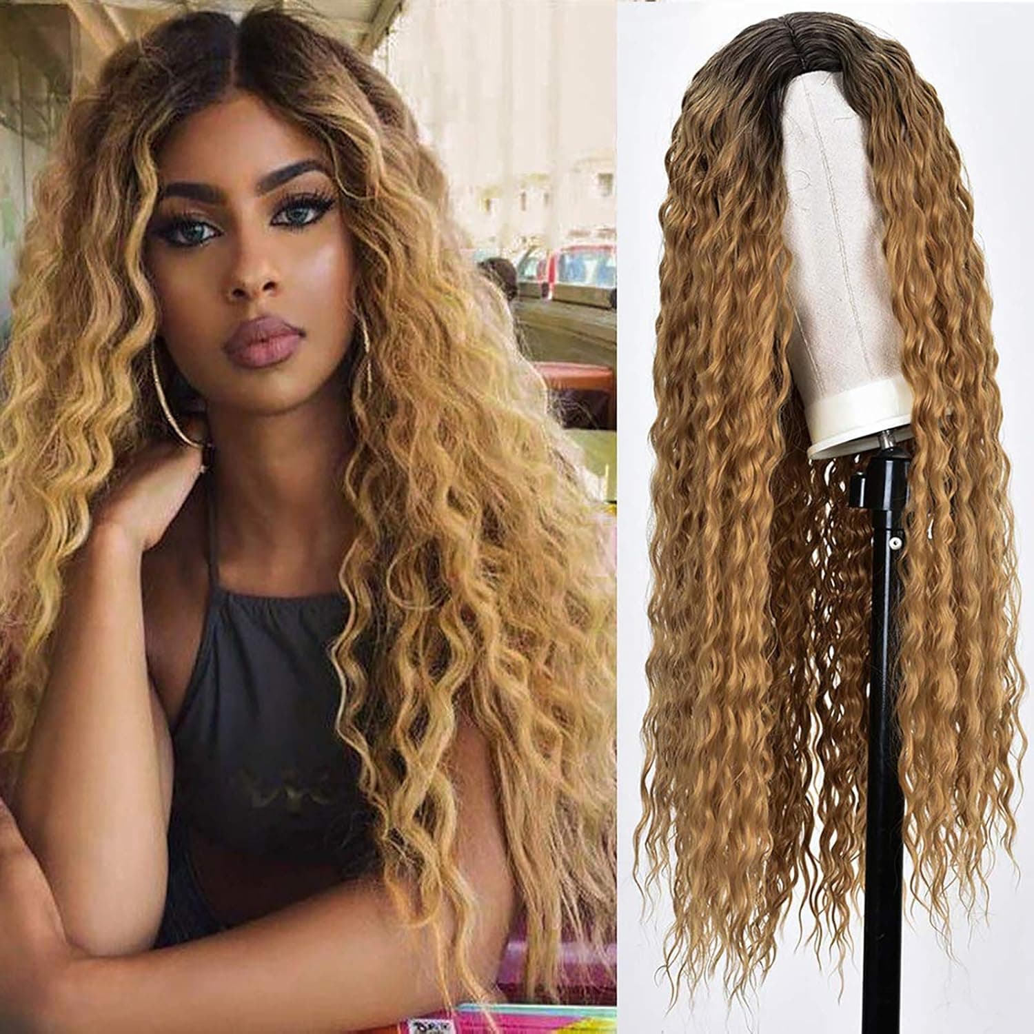 RunM Long Curly Wig for Black Women Kinky Curly Hair Wig 2 Tone Ombre Blonde Wig Natural Heat Resistant Synthetic Curly Wigs 26 Inch(Ombre Blonde)