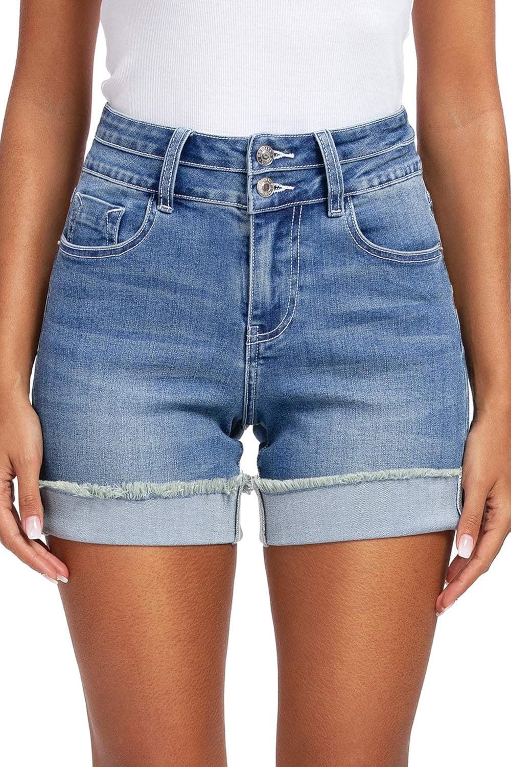JMITHA Women's Juniors High Waisted Jean Bermuda Shorts Cut Off Rolled Hem Stretch Denim Mid Length Shorts (Light Denim 08, 12)