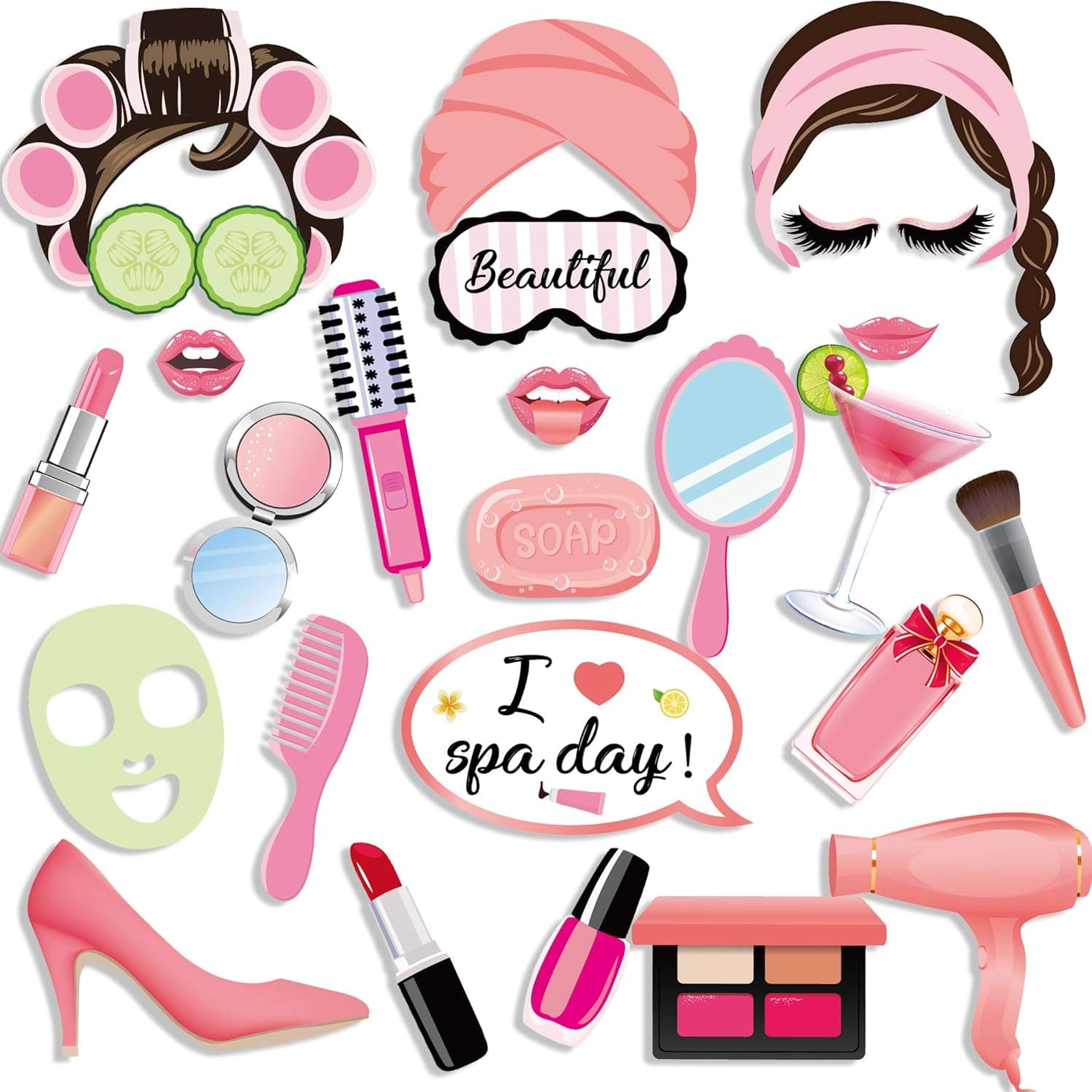 Spa Day Photo Booth Props(25Count),Konsait Spa Theme Party Photo Props with Stick Funny girls Makeup Selfie Props Nail Girl Theme Decorations Make Up First Birthday Party Supplies for Kids Girls Party