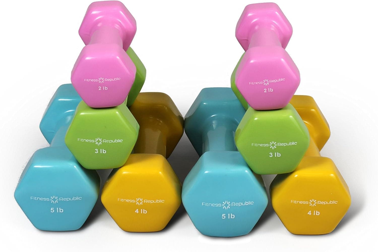 Fitness Republic Vinyl Coated Dumbbells Combos Hex Shaped, Roll Free, Non Slip Hand Weights for Strength Training, Color Coded Dumbbells