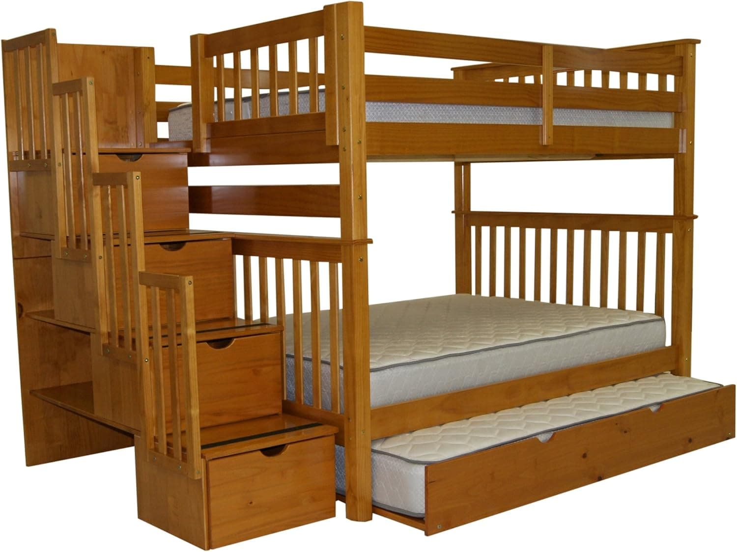 Bedz King Full Over Full Stairway Bunk Bed with Twin Trundle, Honey