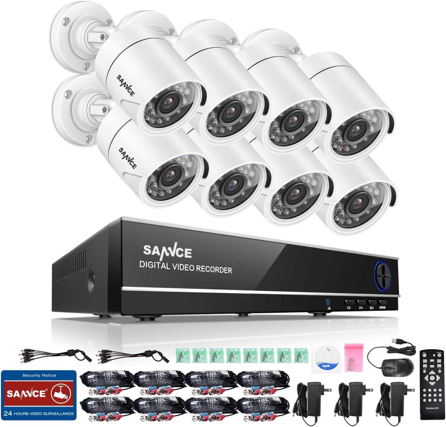 SANNCE 8CH HD-TVI 1080N DVR Recorder and (8) 2.0MP 1920TVL Outdoor Security Cameras with Super Day/Night Vision, Remote Viewing, Scan QR Code Easy Access, NO Hard Drive Included