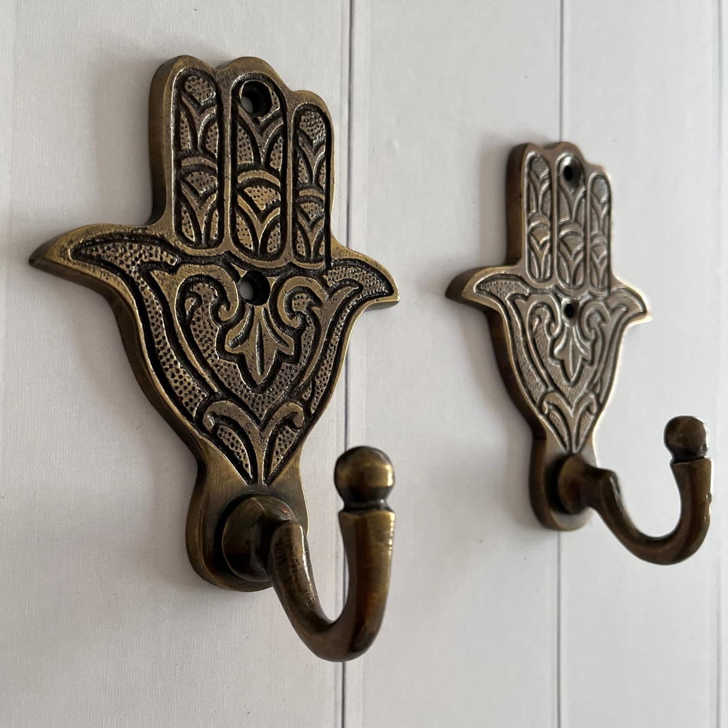 Decorative Wall Hook - Boho Moroccan Decor Hooks - 2 Pack Brass Hooks with Vintage Finish - Bohemian Towel Hooks - Robe Hooks - Boho Bathroom Hardware - Yoga Studio Decor - BOUDIKAA