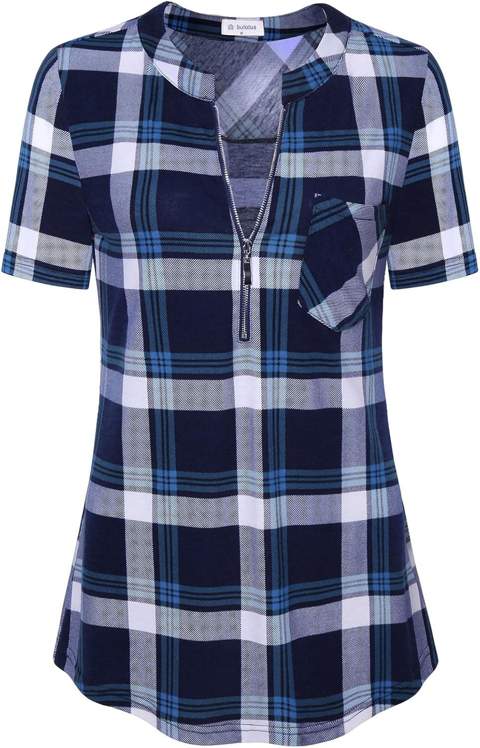 Bulotus Women's 3/4 Sleeve V-Neck Casual Plaid Tunic Shirt