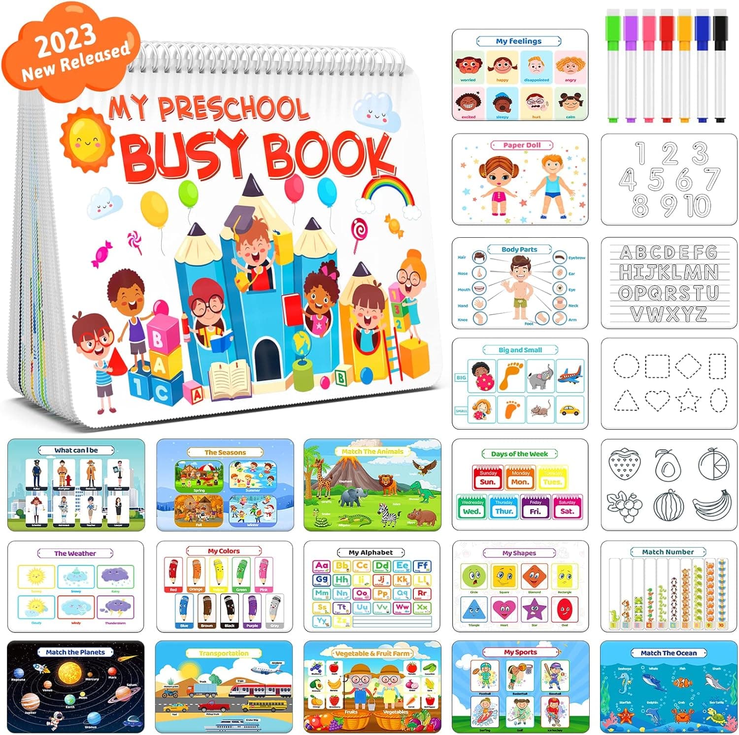 HUAXUS Montessori Preschool Learning Activities Newest Toddler Busy Book Montessori Toys for 3 4 5 6 Years Old, Autism Sensory Educational Toys, Tracing Coloring Workbook with Color Makers