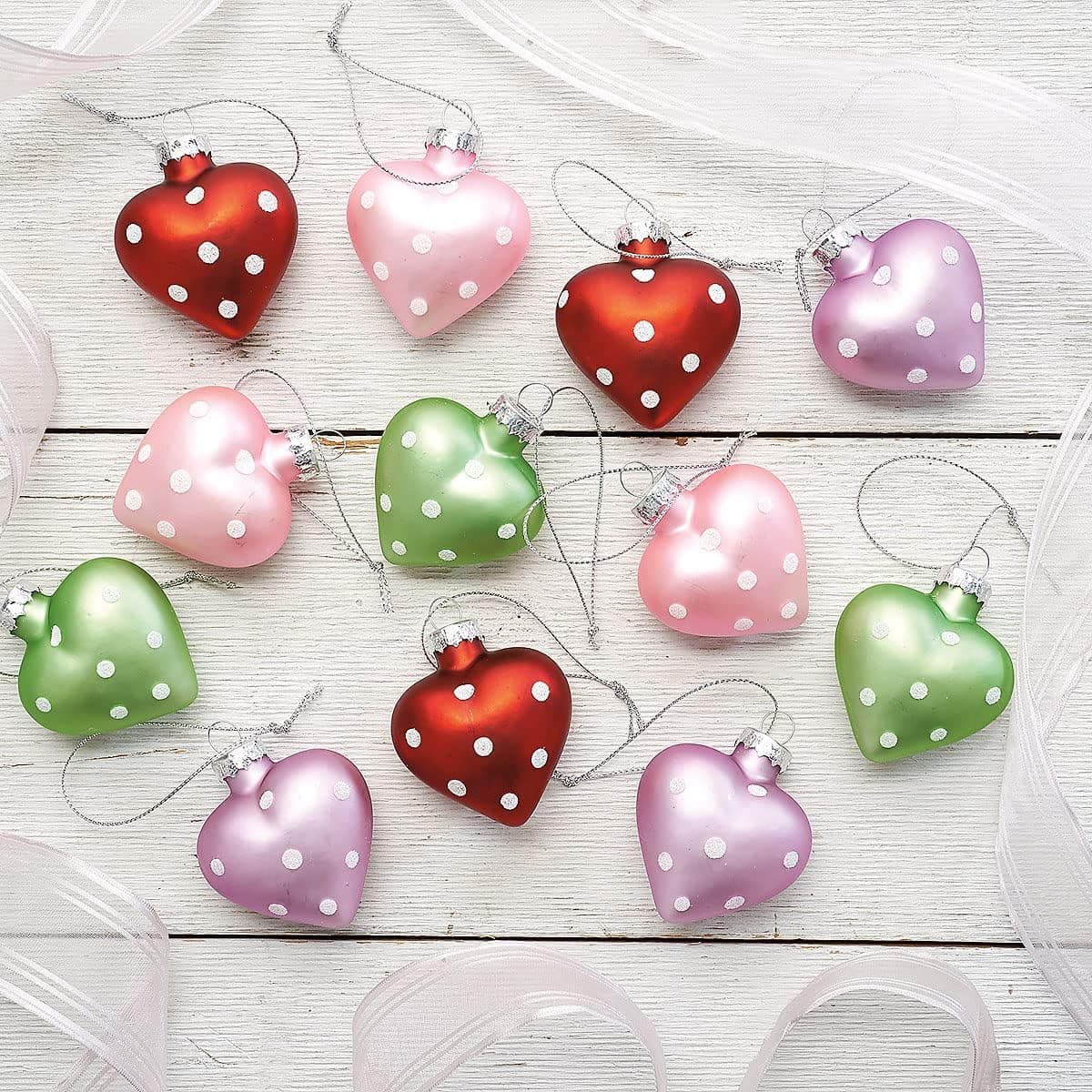 Lillian Vernon Glass Dot Heart Valentine's Day Ornaments - Set of 12, 3 of Each Color, Sparkling Glitter Decorations, Holiday Home Décor, 2.5" x 2/5"