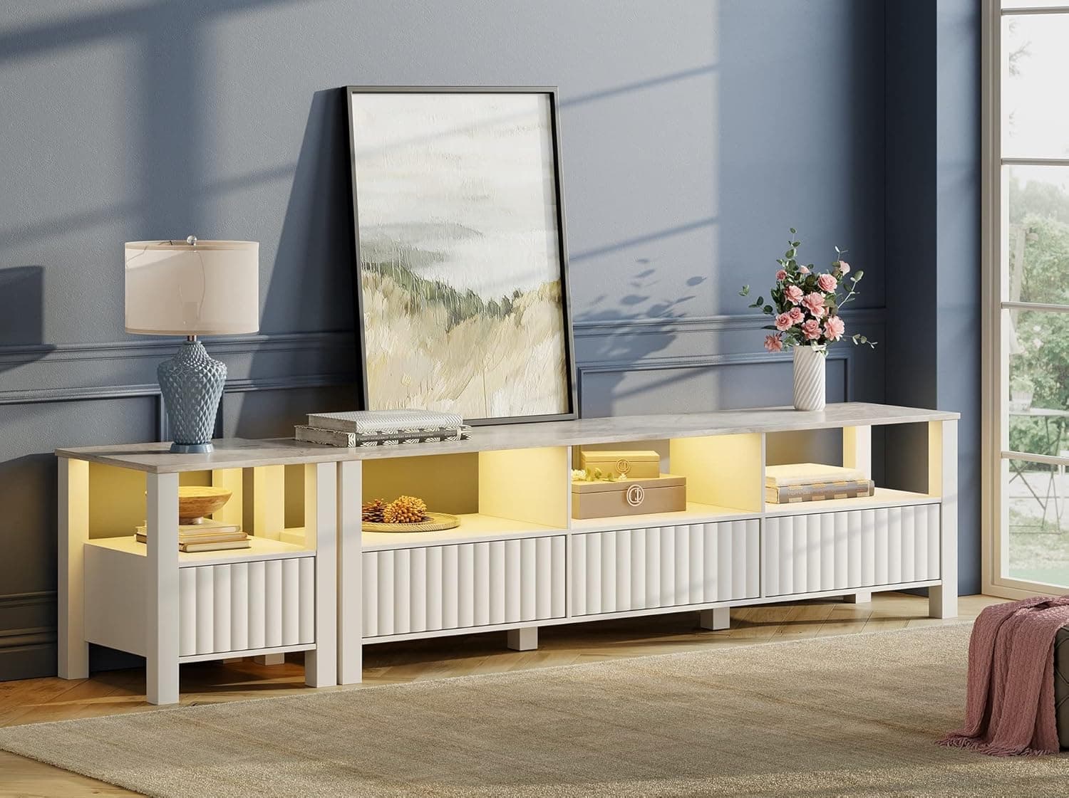 WAMPAT TV Stand for 85 Inch TV, White Entertainment Center for 65-80 Inch TV Console Table with Storage Cabinet, Modern Television Stands for Living Room Bedroom