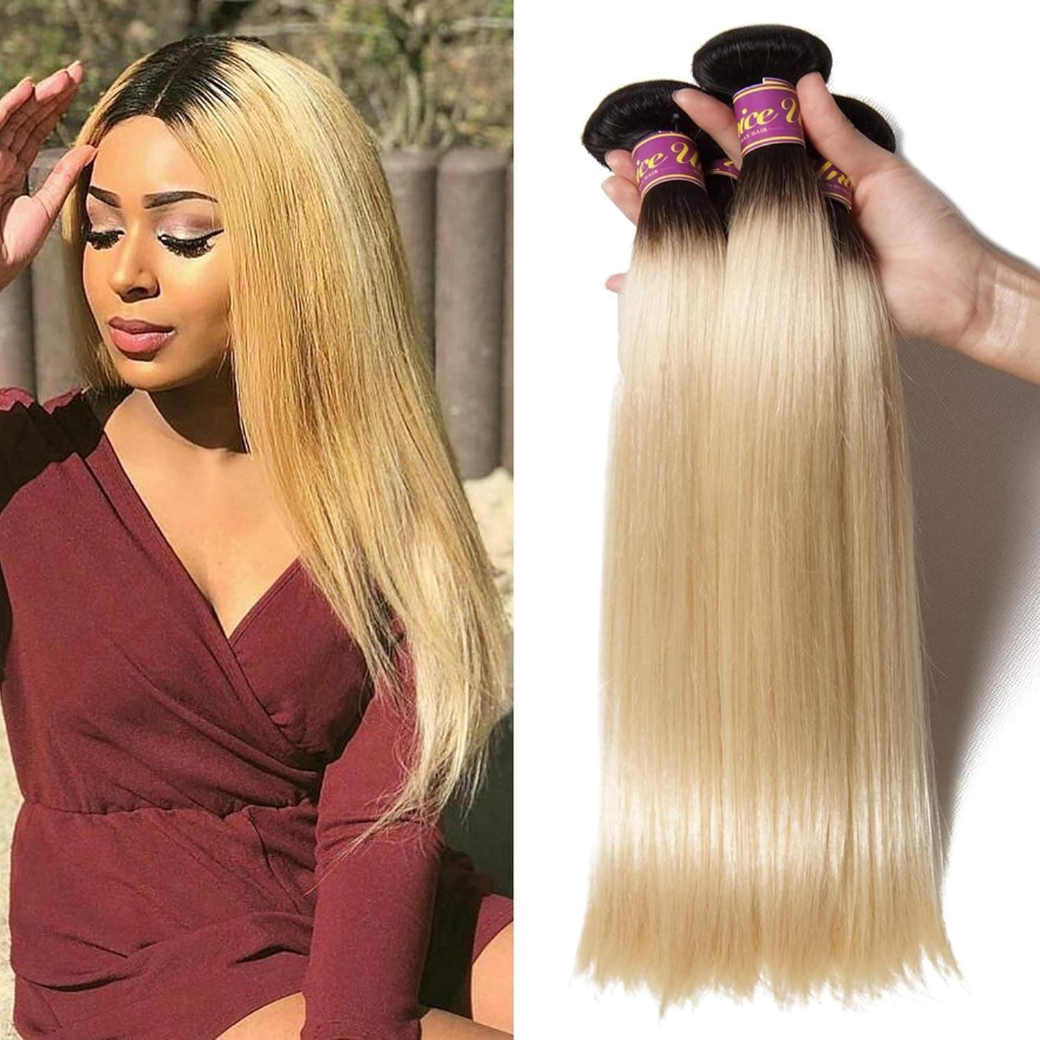 UNice 10A Grade Brazilian Straight Human Hair 3 Bundles T1B 613 Color Ombre Blonde Hair 100% Remy Human Hair Weaves Dark Roots Ombre Blonde Hair Wefts (10 12 14inch)