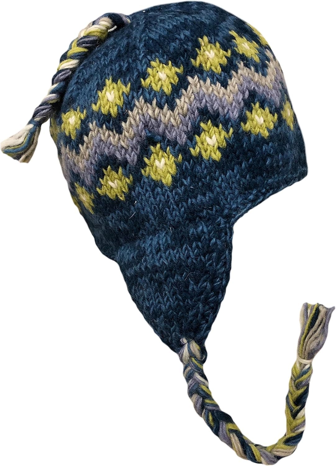 Nepal Hand Knit Sherpa Hat with Ear Flaps, Trapper Ski Heavy Wool Fleeced Lined Cap (Blue Zig Zag)