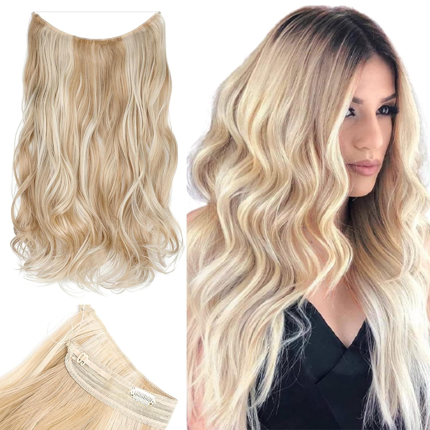 Leterly Serect Hair Extension 20" Curly Wavy Invisible Wire Adjustable Hair Extensions Fish Line Flip in Synthetic Hairpiece for Women Bleach Blonde Mix Light Ash Blonde