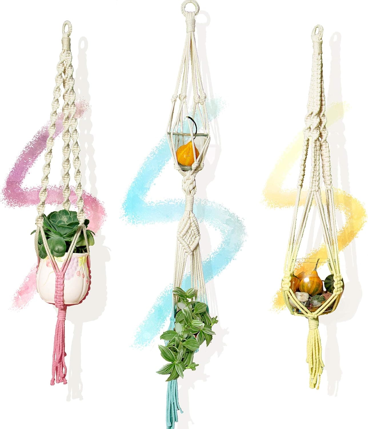 Priene HOME | Macrame Plant Hangers Hanging Planters | Indoor and Outdoor Planter … (Medium (47 Inch and 31 Inch), Multi - Colored 3 X Dip Dyed Colorful Macrame Plant Hangers)