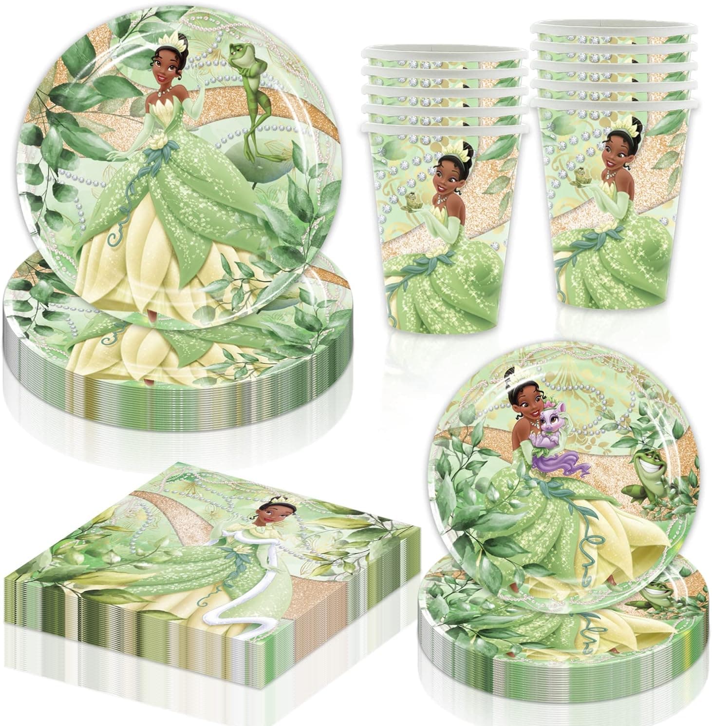60 pcs Princess Tiana Birthday Party Supplies 20 Plates + 20 Napkin+20 Cups for Girls Boys Kids The Frog Theme Birthday Party Decorations Disposable Dinner Dessert Cake Tableware