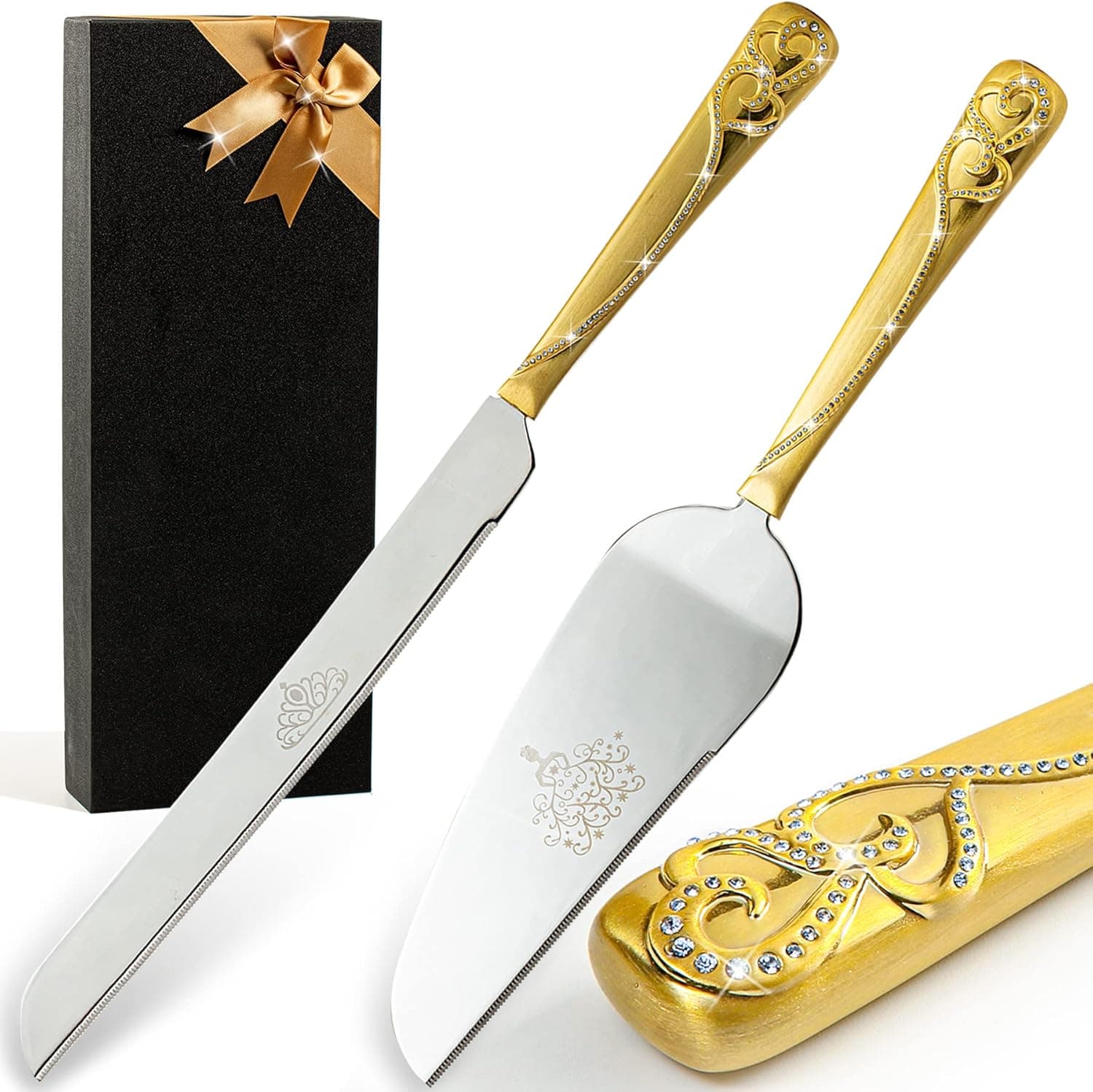 iooiluxry Wedding Cake Knife and Server Set, Cake Cutting Set for Wedding, Sparking Love Hearts Cake Cutter and Pie Server Set for Birthdays, Anniversary, Engagement Or Christmas Gifts