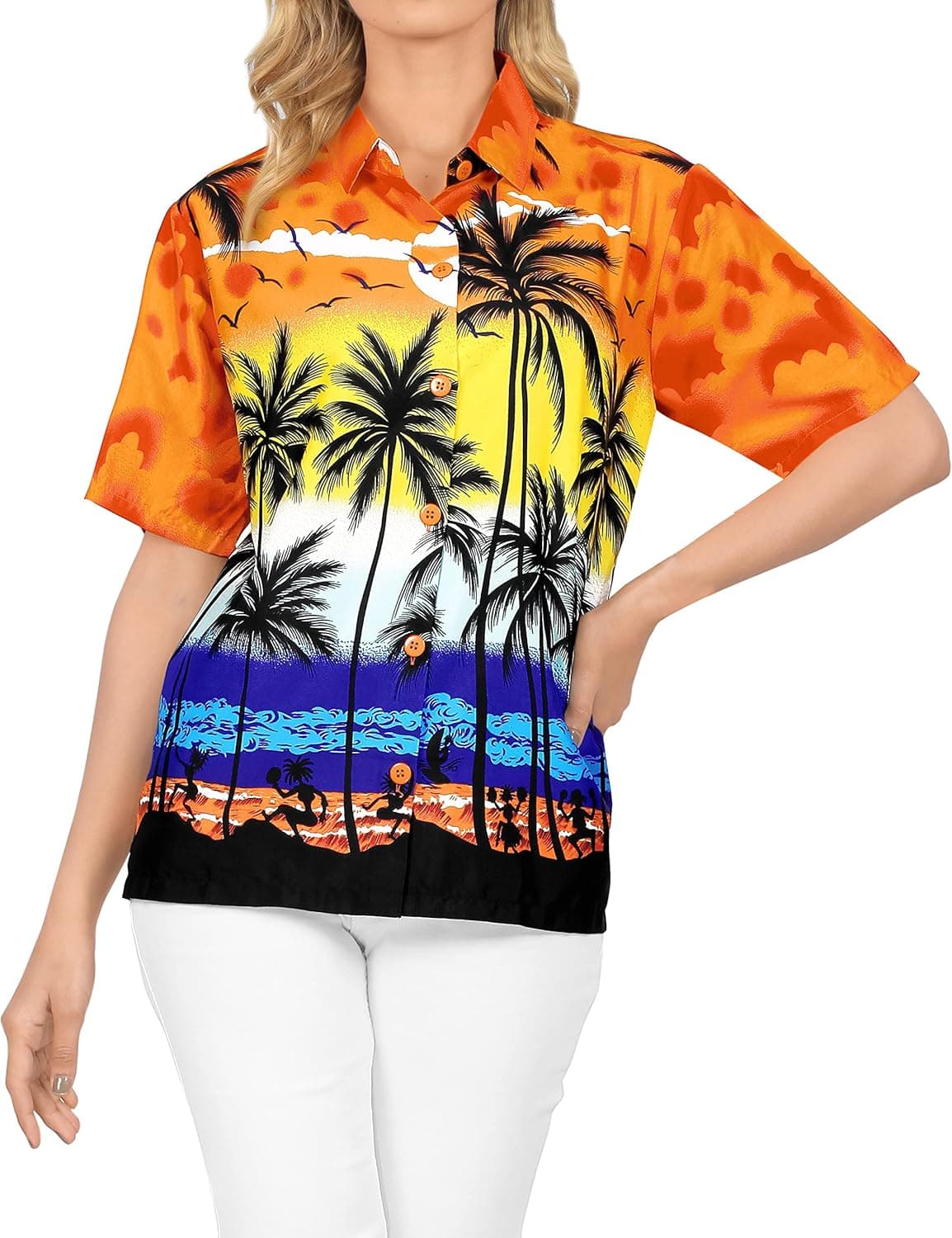 LA LEELA Women's Funky Vacation Beach Hawaiian Blouse Tops Short Sleeve Tropical Shirts for Women