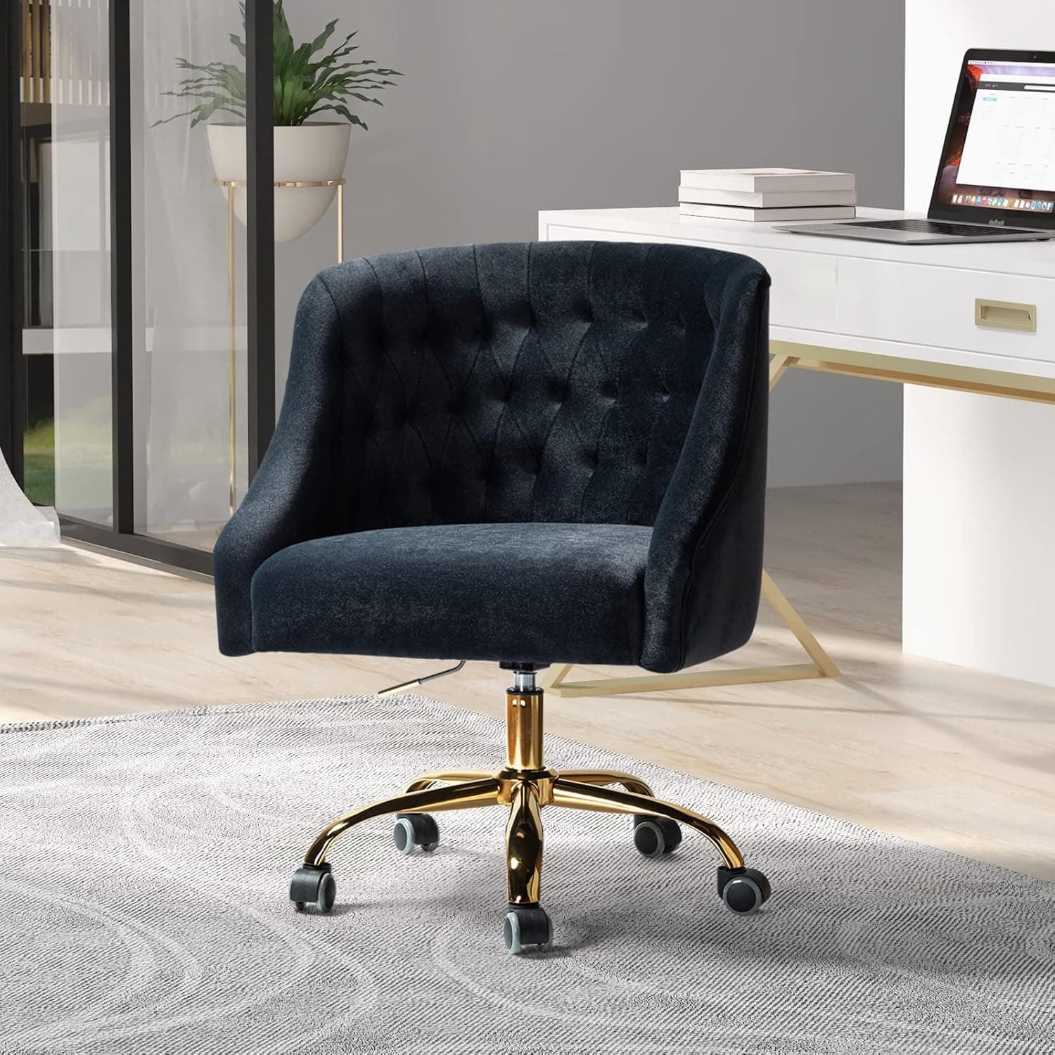 Velvet Home Office Chair with Gold Base, Comfortable Modern Cute Desk Chair, Adjustable Swivel Task Chair for Living Room Bedroom Vanity Study, Black