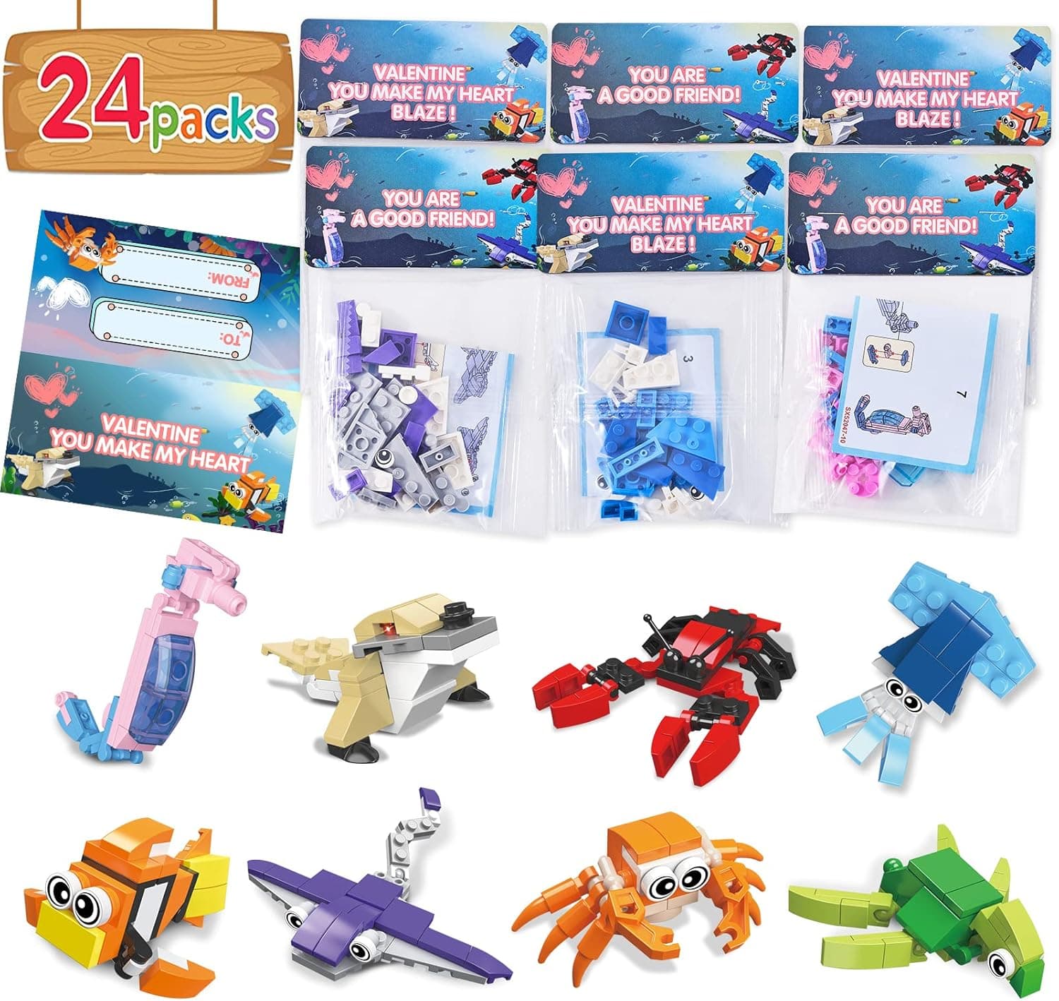 24 Packs Valentines Day Gifts for Kids, Sea Animal Building Blocks with Valentines Cards for Kids Classroom School, Class Gifts Exchange, Party Favors for Kids Boys Girls Friendsine's Greeting Cards