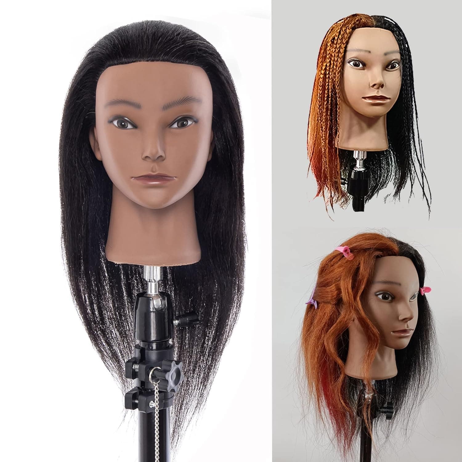 Ruilong Female Mannequin Training Head 100% Real Hair with Stand Manikin Head Practice Styling Braiding Styling Curling Doll Head (14 inch), black