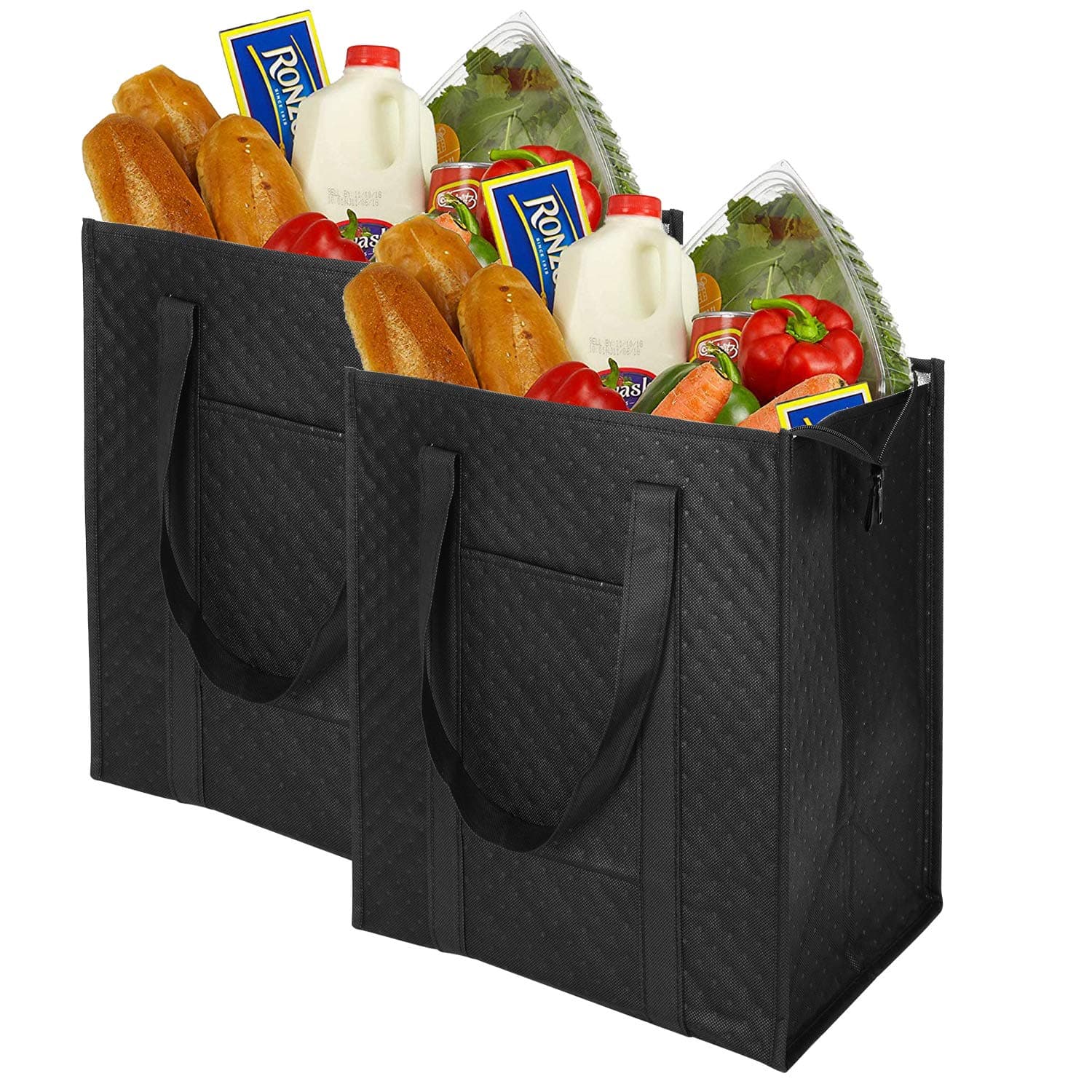 VENO Reusable Insulated Grocery Bags, 2 Pack, Black, 7.5 Gallon Thermal Cooler Tote, Reinforced Handles, Zipper Closure, Folds Flat For Shopping, Hot or Cold Food Delivery, Made from Recycled Material
