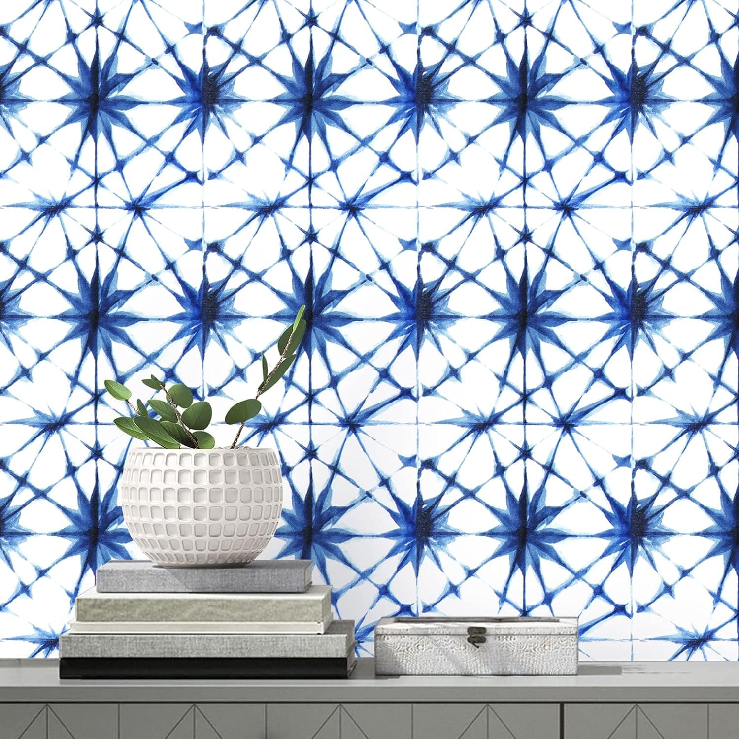 Erfoni Blue and White Peel and Stick Wallpaper Navy Blue Contact Paper 17.7inch x 393.6inch Blue Geometric Removable Wallpaper Peel and Stick Modern Self Adhesive Wall Paper Kitchen Decorative