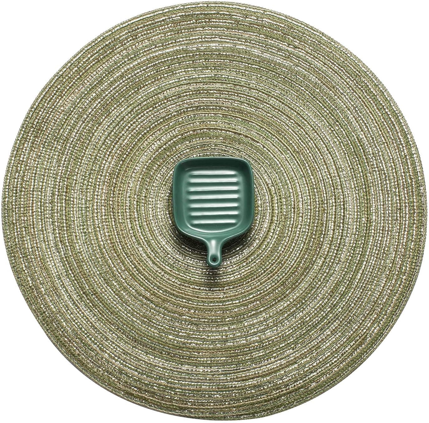 AHHFSMEI Round Placemats Set of 6 Round Braided Placemats 15 Inch Table Mats for Dining Tables Washable Heat Resistant Place mats for Party BBQ Christmas and Everyday Use (Olives Silver)